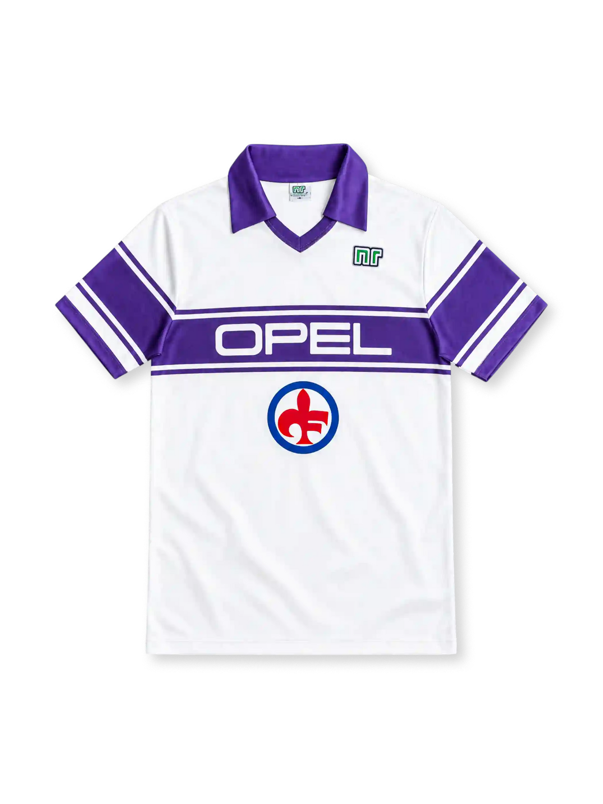 Fiorentina 1983–85 white away jersey with purple polo collar, striped sleeves, Opel chest sponsor, Ennerre logo and red fleur-de-lis emblem.