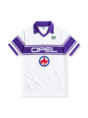 Fiorentina 1983–85 white away jersey with purple polo collar, striped sleeves, Opel chest sponsor, Ennerre logo and red fleur-de-lis emblem.