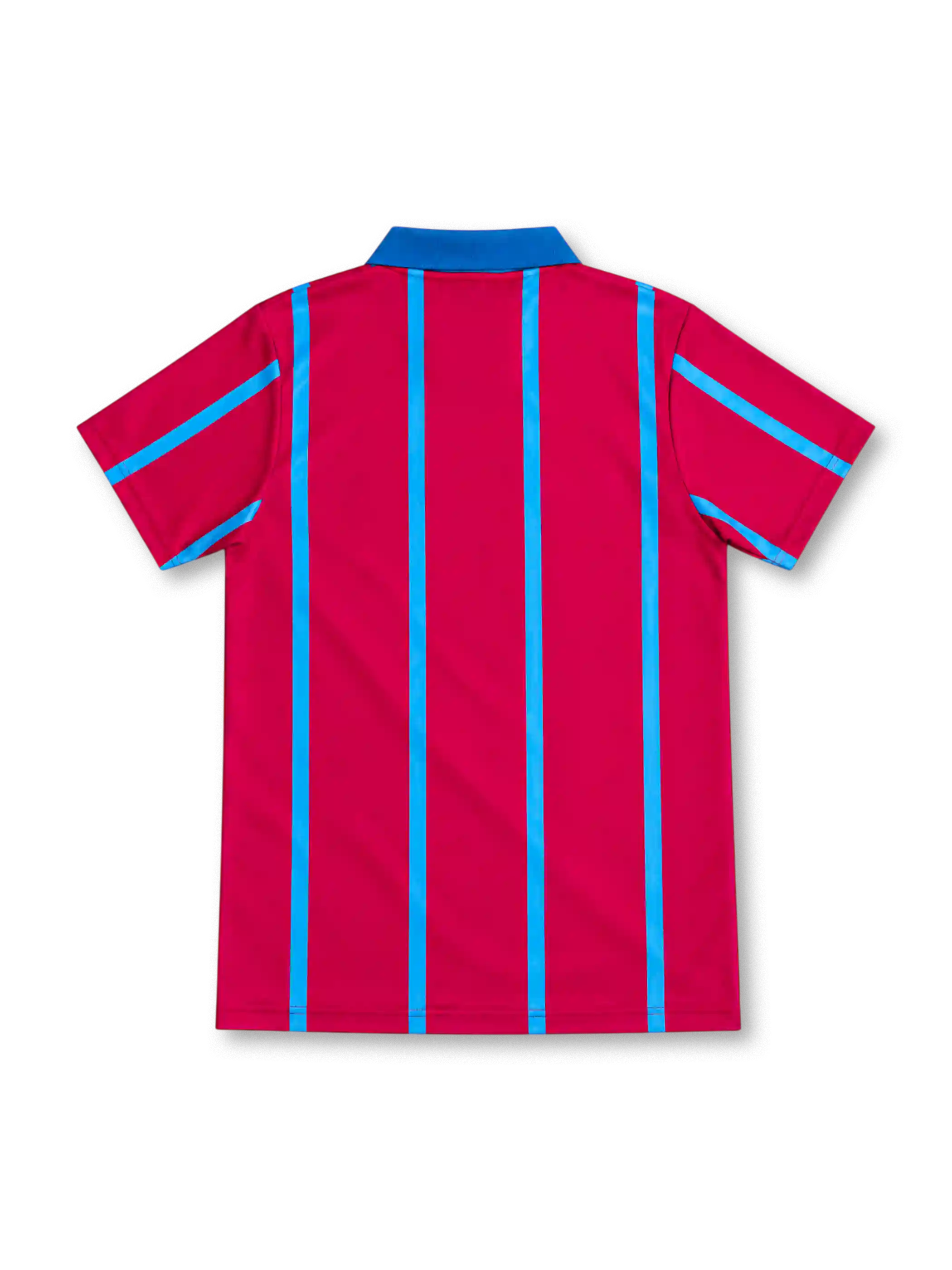 Aston Villa 1993/95 claret home jersey with sky-blue vertical stripes, blue polo collar, ASICS logo, club crest and Müller sponsor.