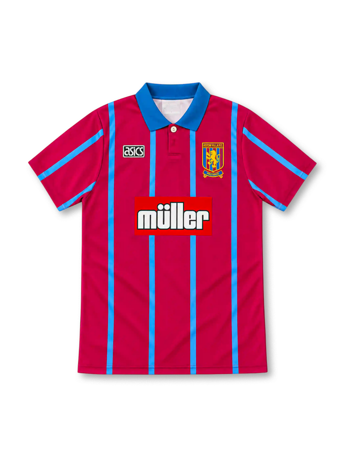 Aston Villa 1993/95 claret home jersey with sky-blue vertical stripes, blue polo collar, ASICS logo, club crest and Müller sponsor.