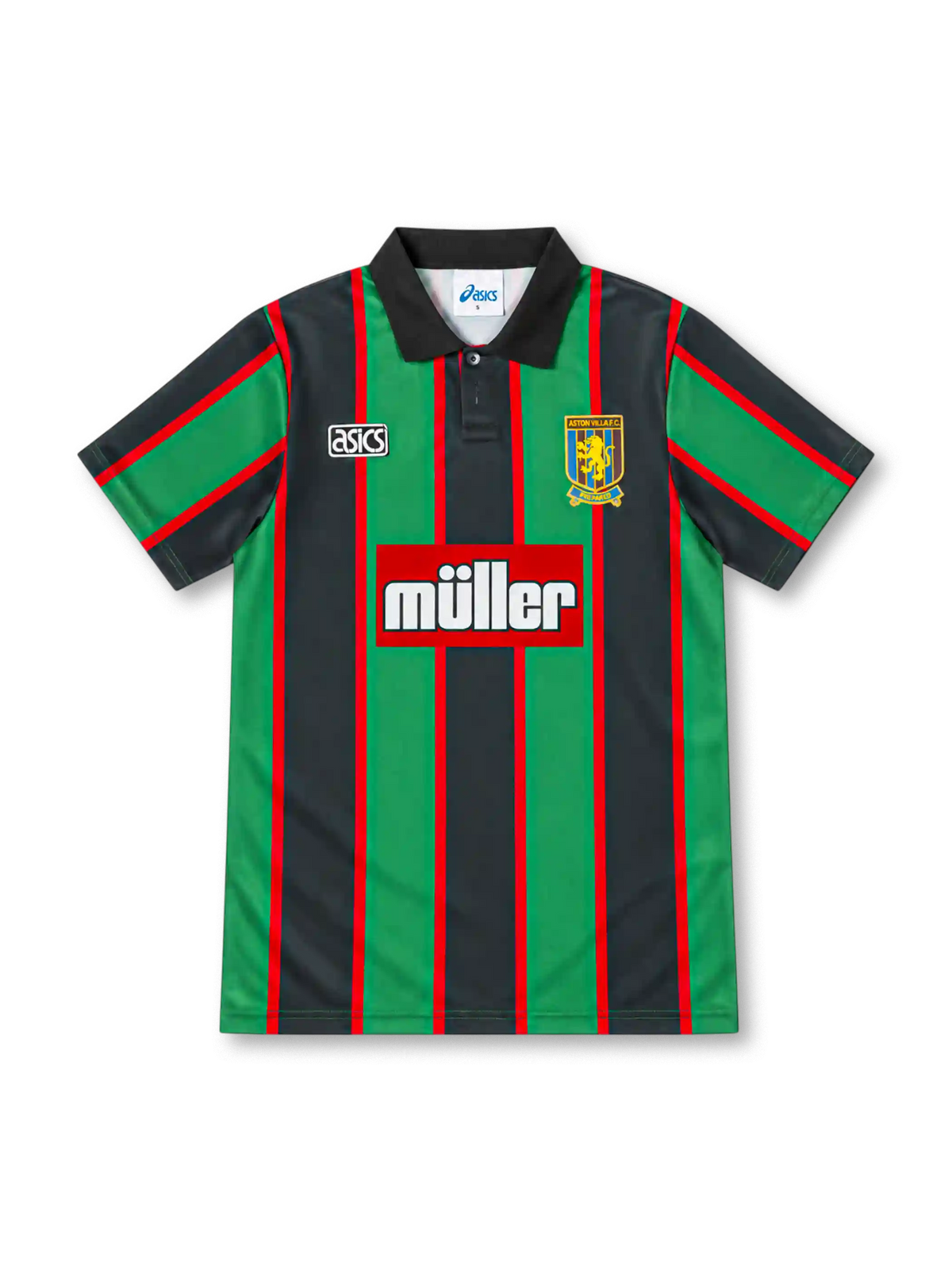 Aston Villa 1993/95 away jersey with green and black vertical stripes, red trim, black polo collar, ASICS logo, club crest and Müller sponsor.