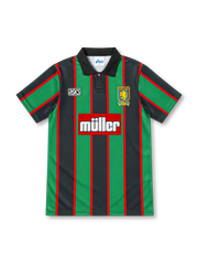 Aston Villa 1993/95 away jersey with green and black vertical stripes, red trim, black polo collar, ASICS logo, club crest and Müller sponsor.