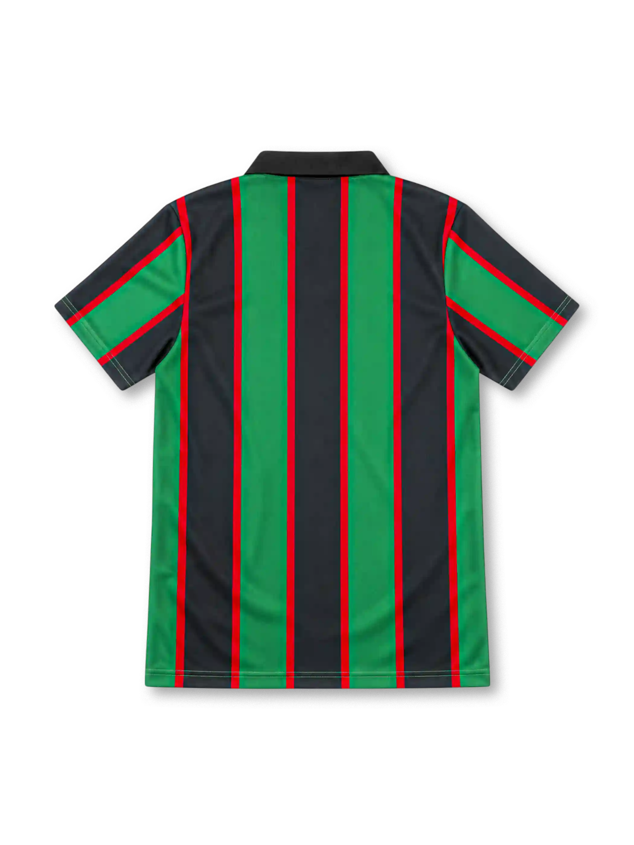 Aston Villa 1993/95 away jersey with green and black vertical stripes, red trim, black polo collar, ASICS logo, club crest and Müller sponsor.