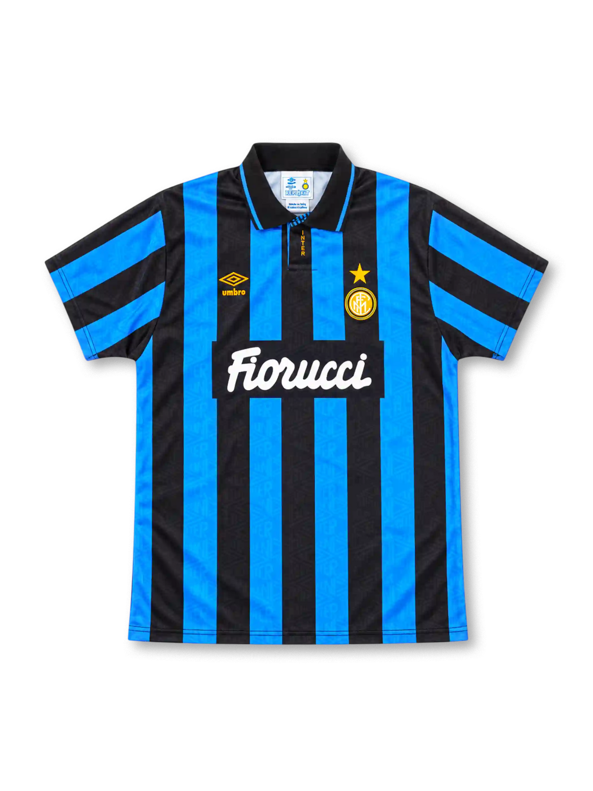 Inter Milan 1992/94 home jersey with blue-and-black vertical stripes, black polo collar, yellow Umbro logo, gold-star crest and white Fiorucci sponsor.