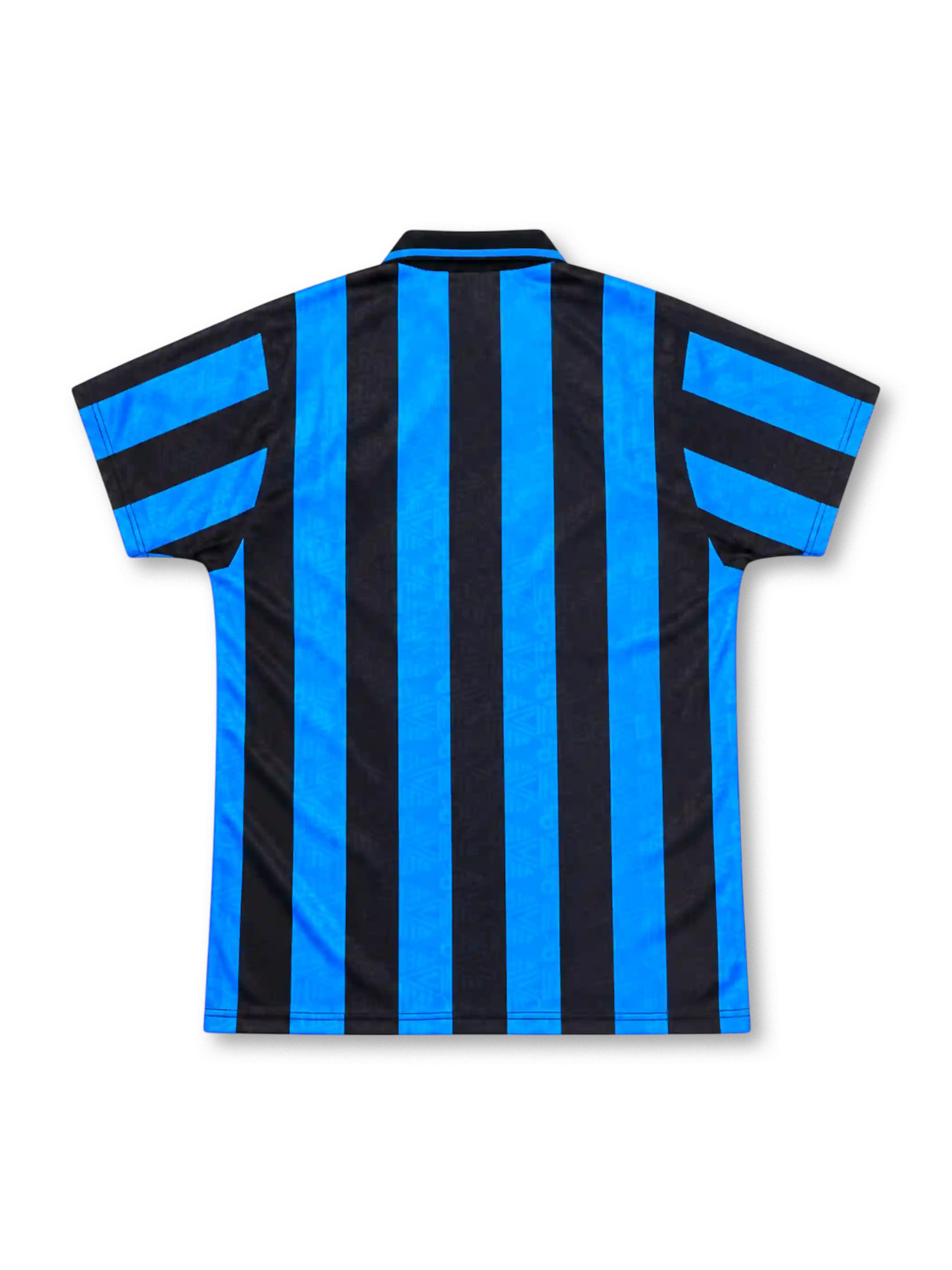 Inter Milan 1992/94 home jersey with blue-and-black vertical stripes, black polo collar, yellow Umbro logo, gold-star crest and white Fiorucci sponsor.