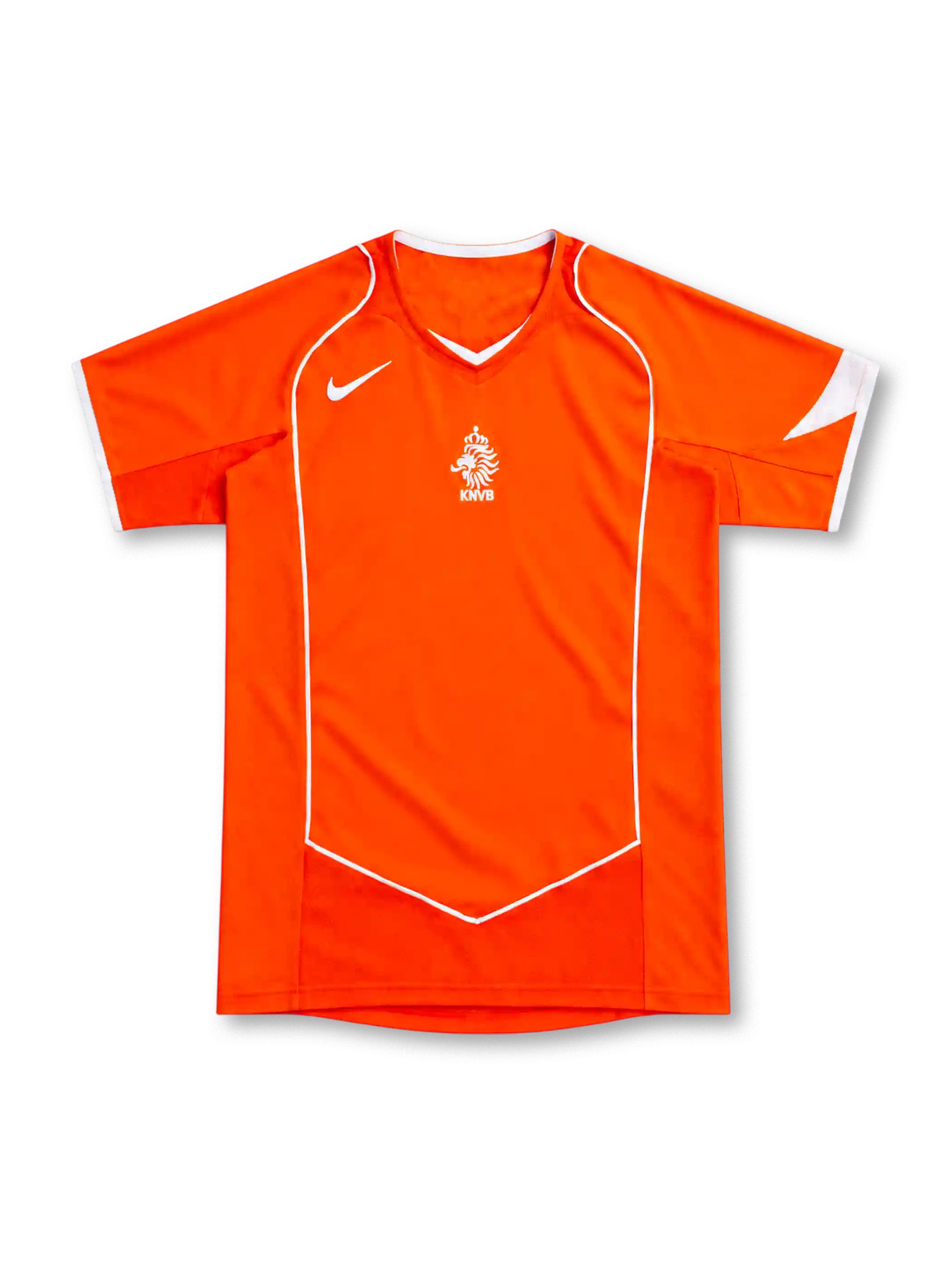 Netherlands 2004 orange home jersey with white Nike Swoosh, central KNVB lion crest, V-neck collar, white piping and sleeve accents.