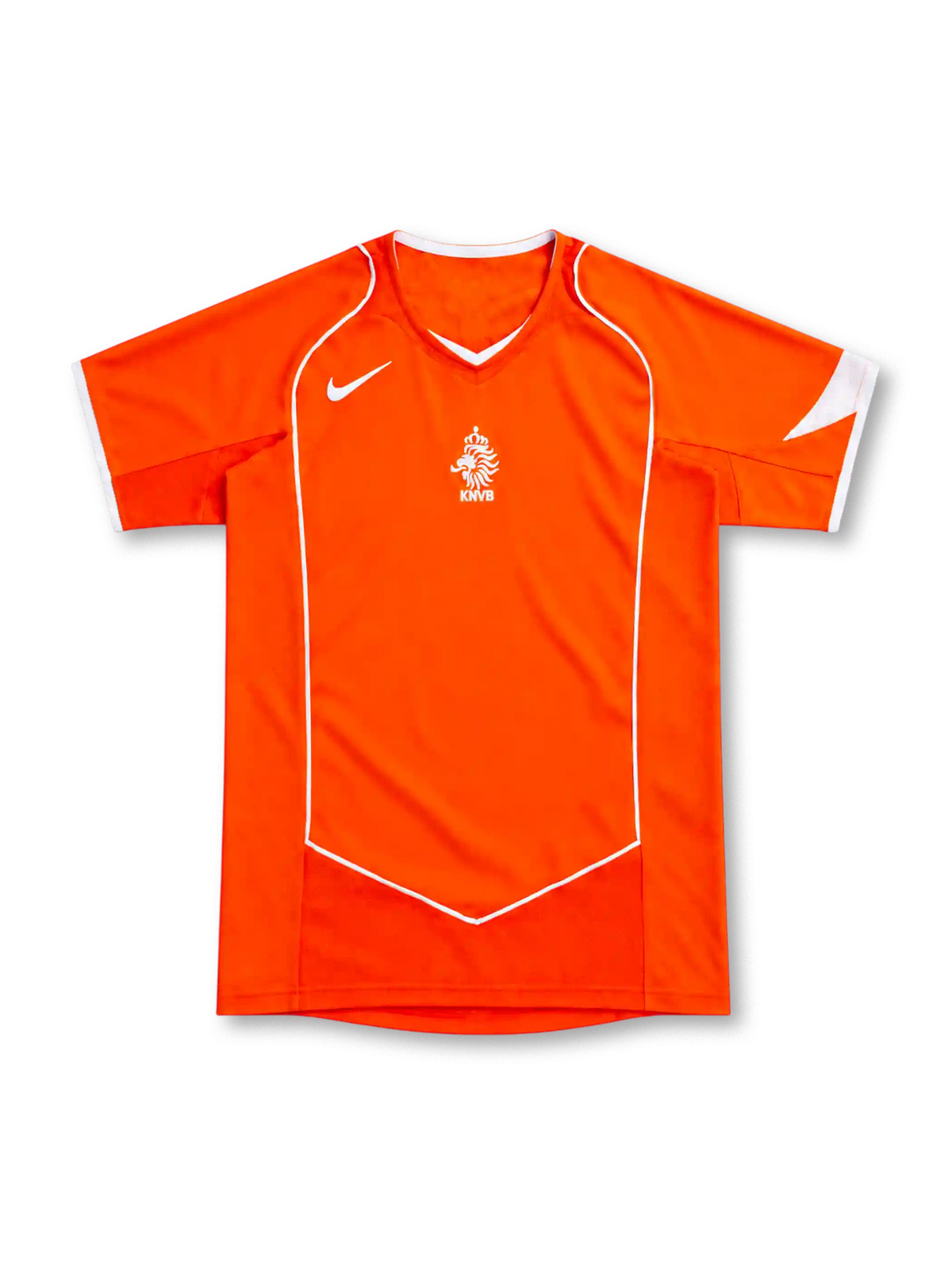 Netherlands 2004 orange home jersey with white Nike Swoosh, central KNVB lion crest, V-neck collar, white piping and sleeve accents.