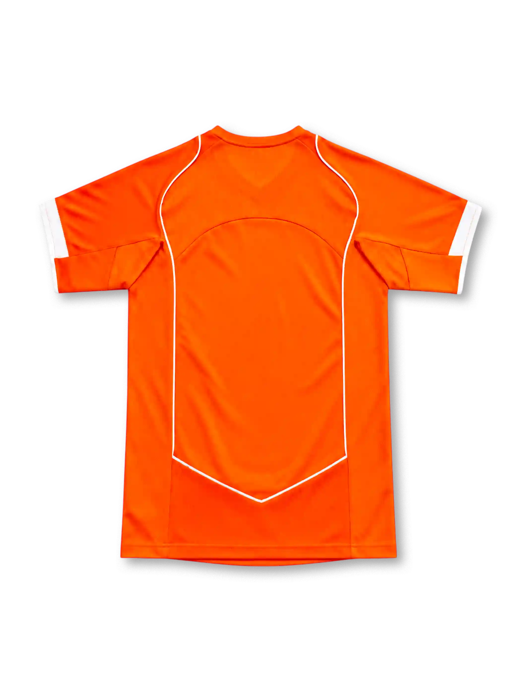 Netherlands 2004 orange home jersey with white Nike Swoosh, central KNVB lion crest, V-neck collar, white piping and sleeve accents.