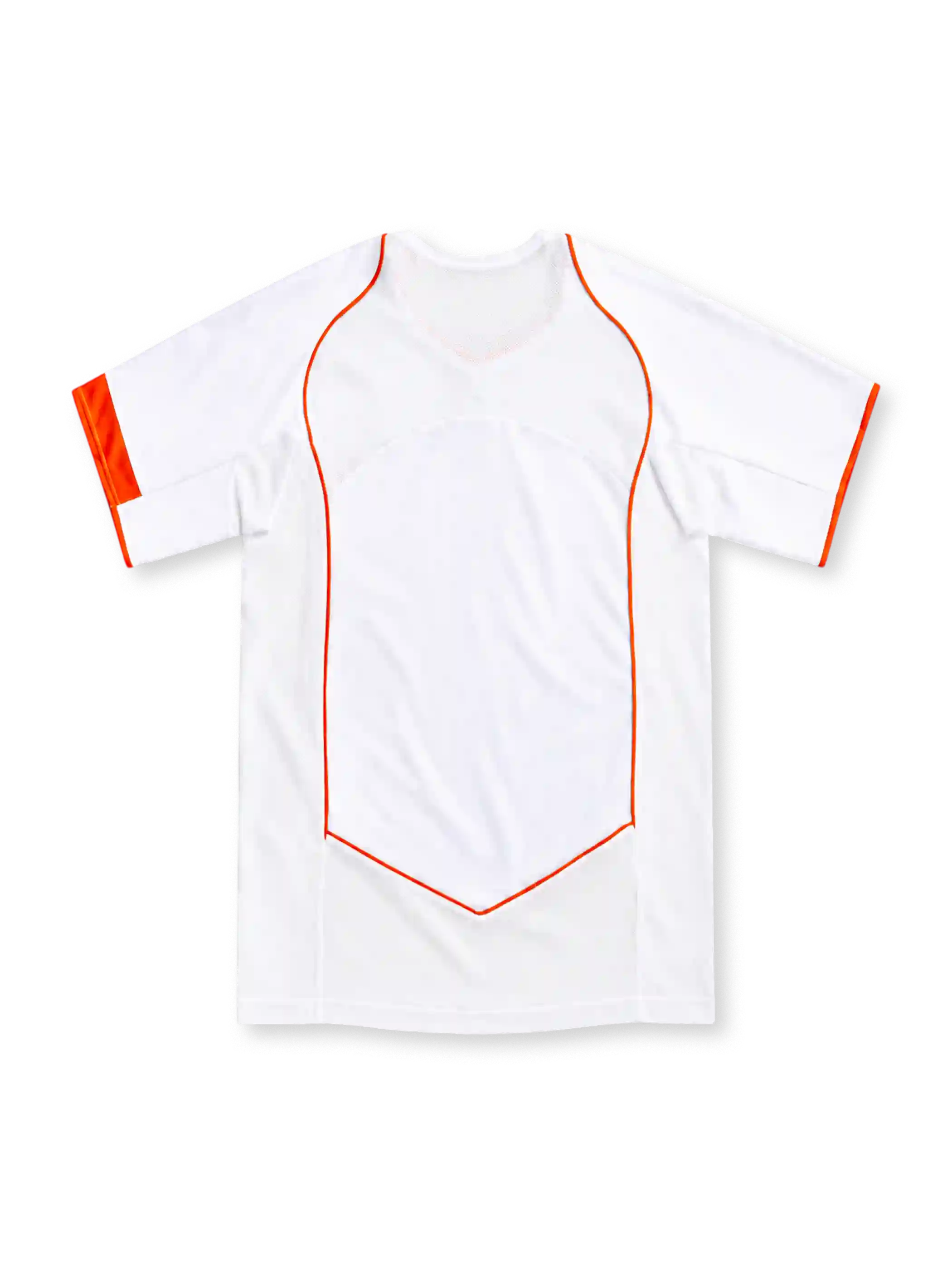 Netherlands 2004 white away jersey with orange Nike Swoosh, central KNVB lion emblem, curved orange piping, V-neck insert and orange sleeve accents.