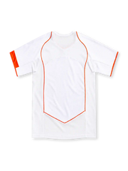 Netherlands 2004 white away jersey with orange Nike Swoosh, central KNVB lion emblem, curved orange piping, V-neck insert and orange sleeve accents.