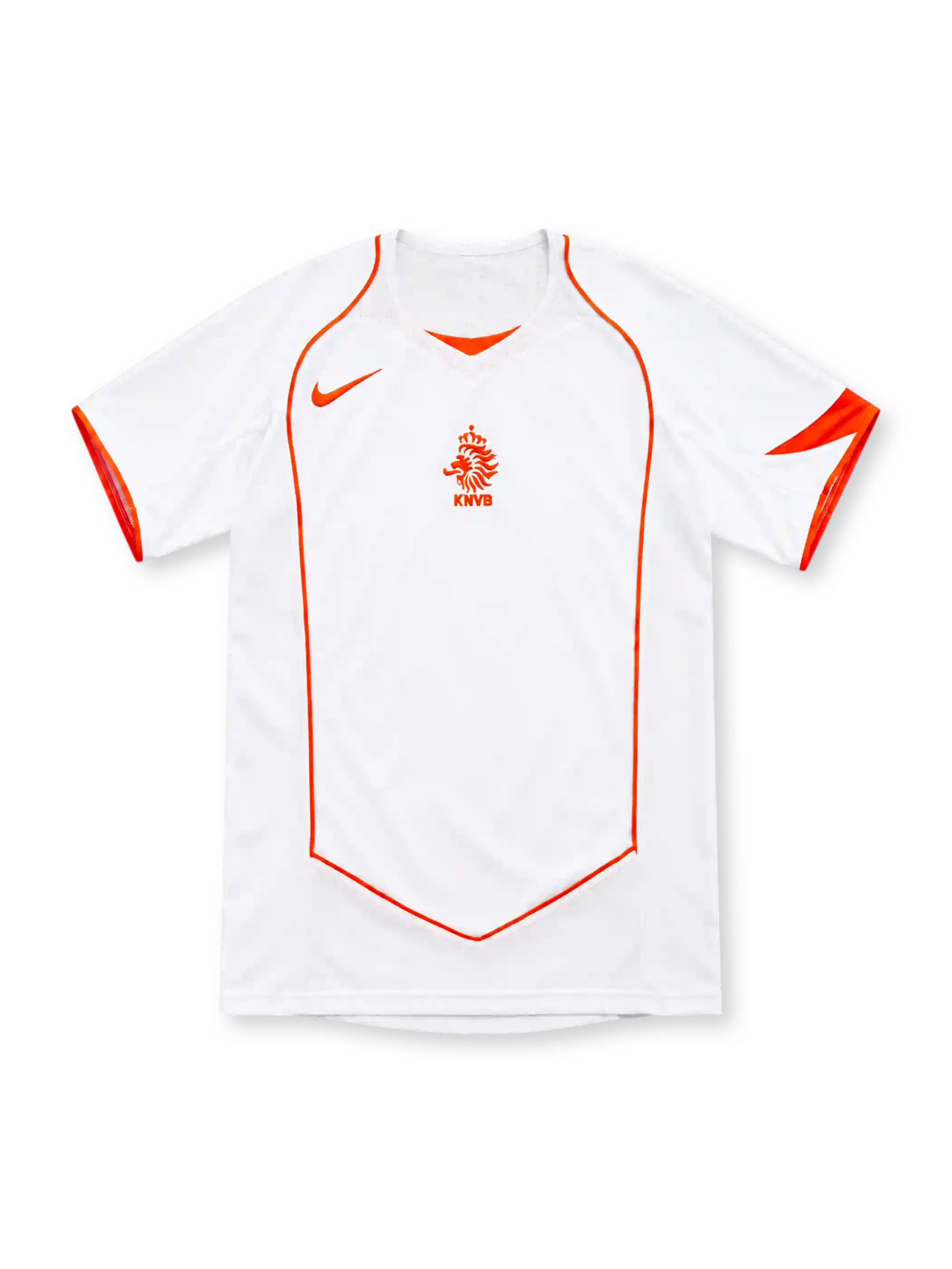 Netherlands 2004 white away jersey with orange Nike Swoosh, central KNVB lion emblem, curved orange piping, V-neck insert and orange sleeve accents.