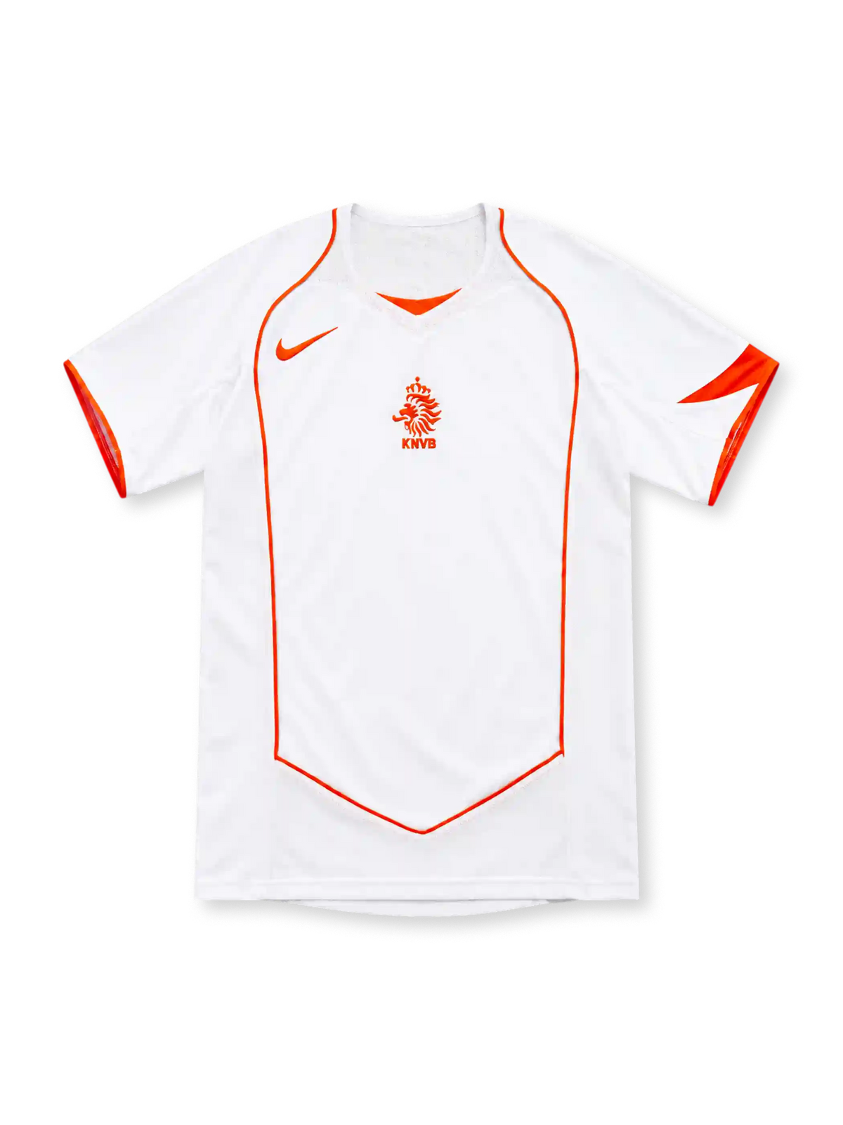Netherlands 2004 white away jersey with orange Nike Swoosh, central KNVB lion emblem, curved orange piping, V-neck insert and orange sleeve accents.