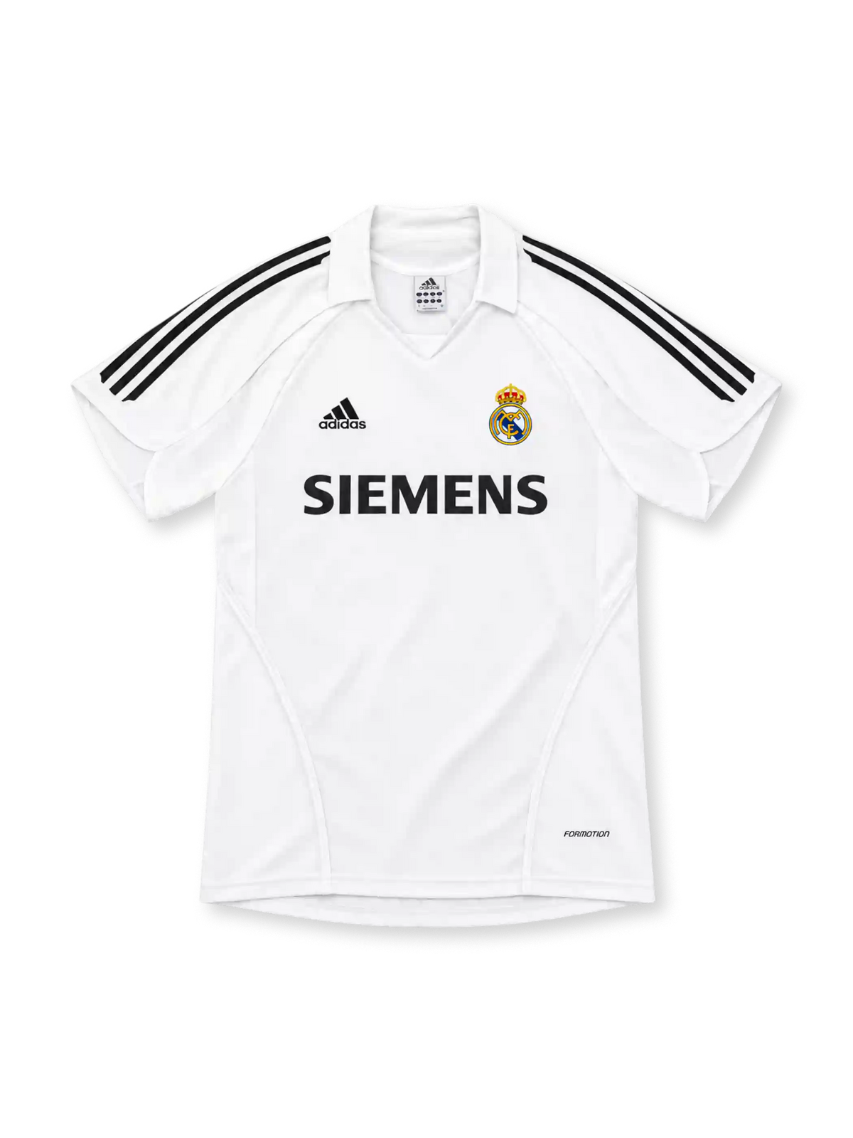 Real Madrid 2005/06 white home jersey with black adidas shoulder stripes, white polo collar, club crest, Siemens sponsor and FORMOTION branding.