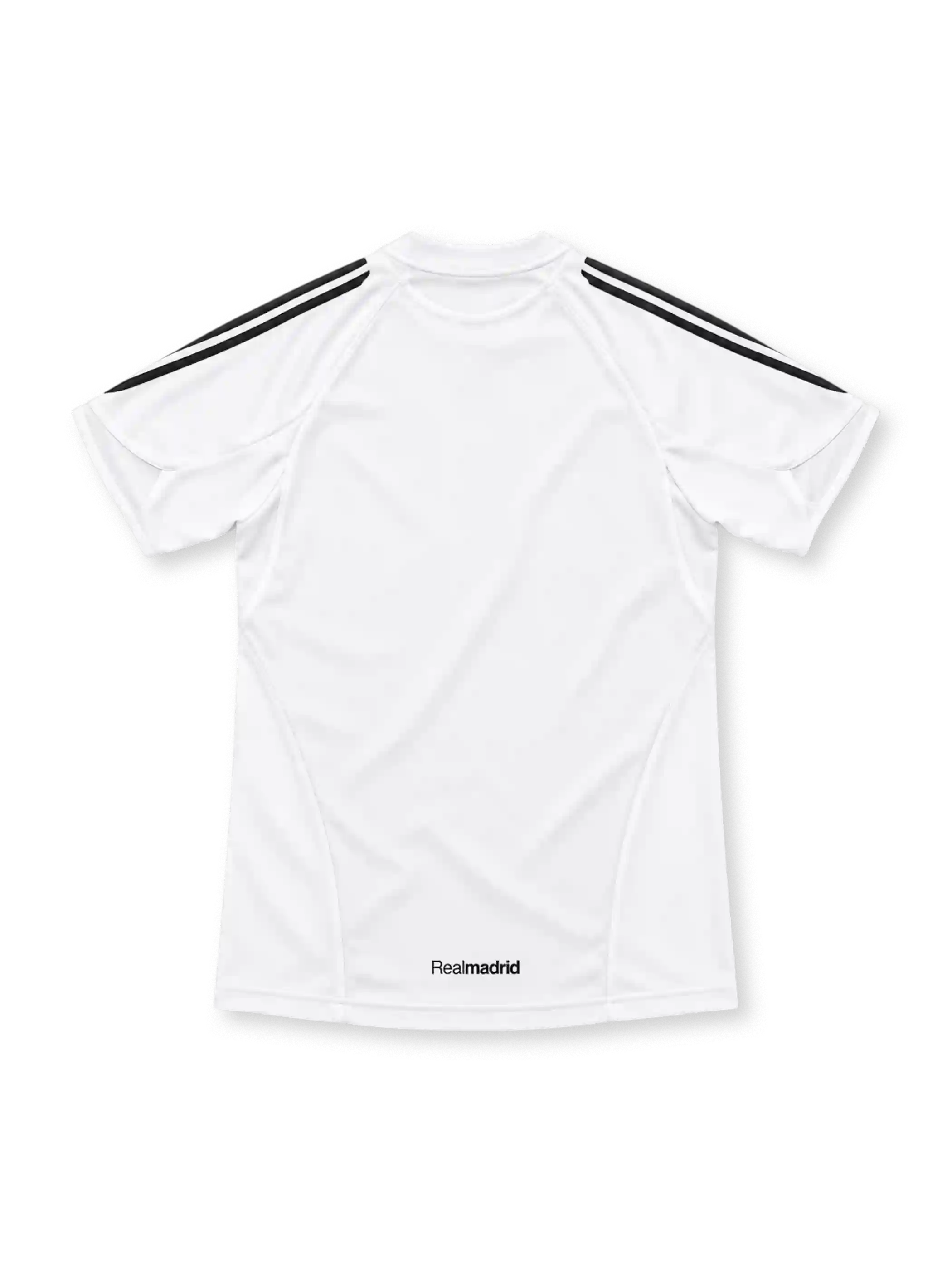 Real Madrid 2005/06 white home jersey with black adidas shoulder stripes, white polo collar, club crest, Siemens sponsor and FORMOTION branding.