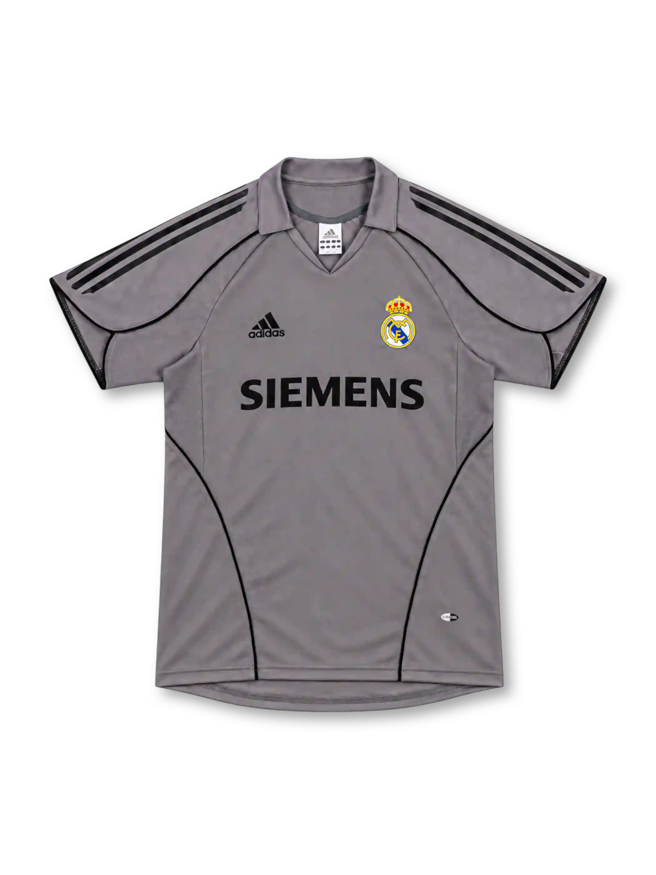 Real Madrid 2005/06 silver-gray third jersey with black adidas shoulder stripes, curved black piping, fold-down collar, Siemens sponsor and club crest.