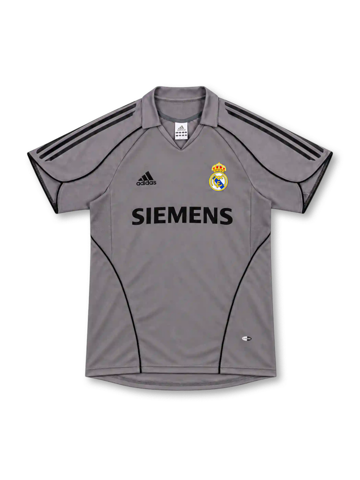 Real Madrid 2005/06 silver-gray third jersey with black adidas shoulder stripes, curved black piping, fold-down collar, Siemens sponsor and club crest.