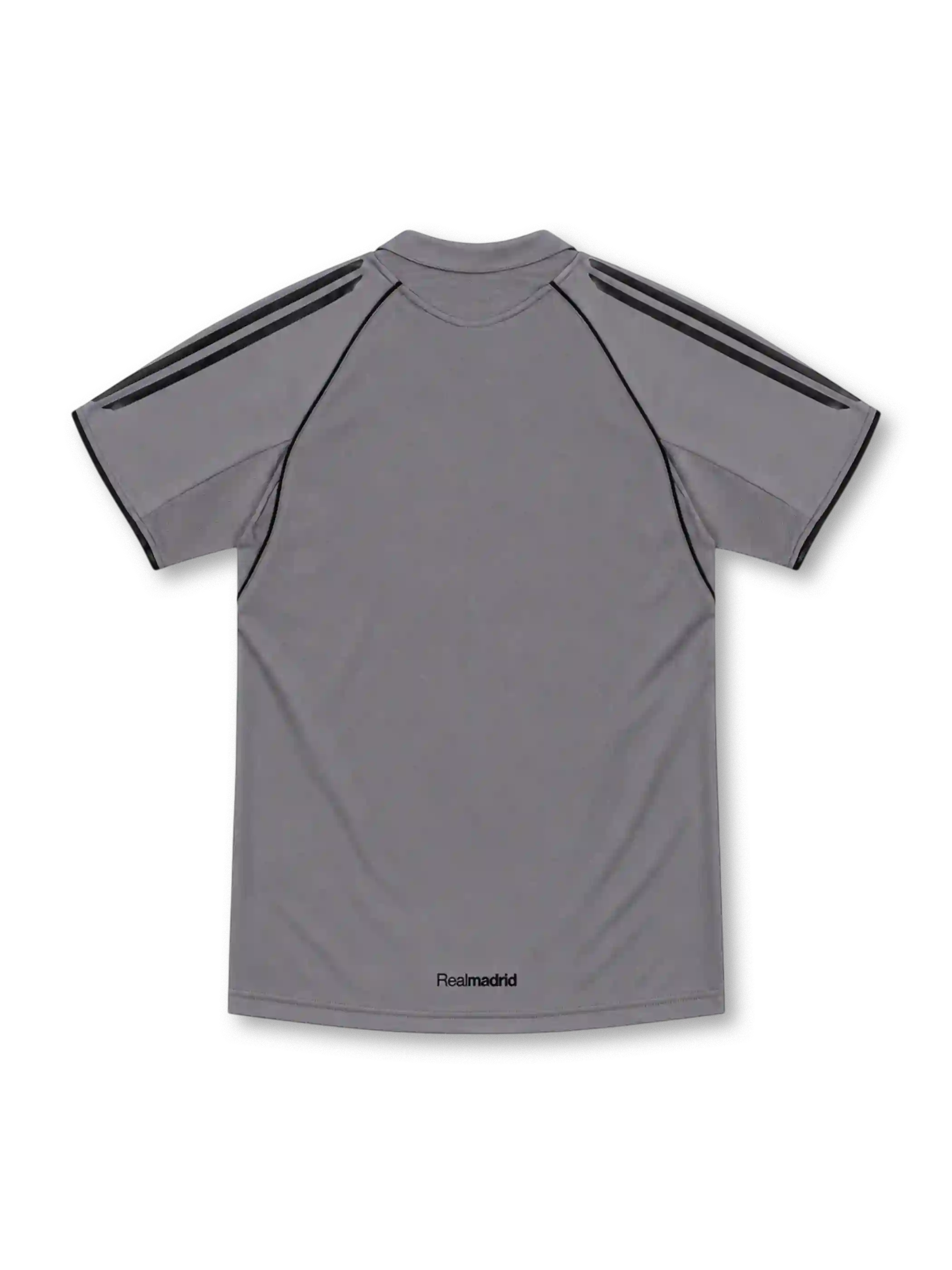 Real Madrid 2005/06 silver-gray third jersey with black adidas shoulder stripes, curved black piping, fold-down collar, Siemens sponsor and club crest.