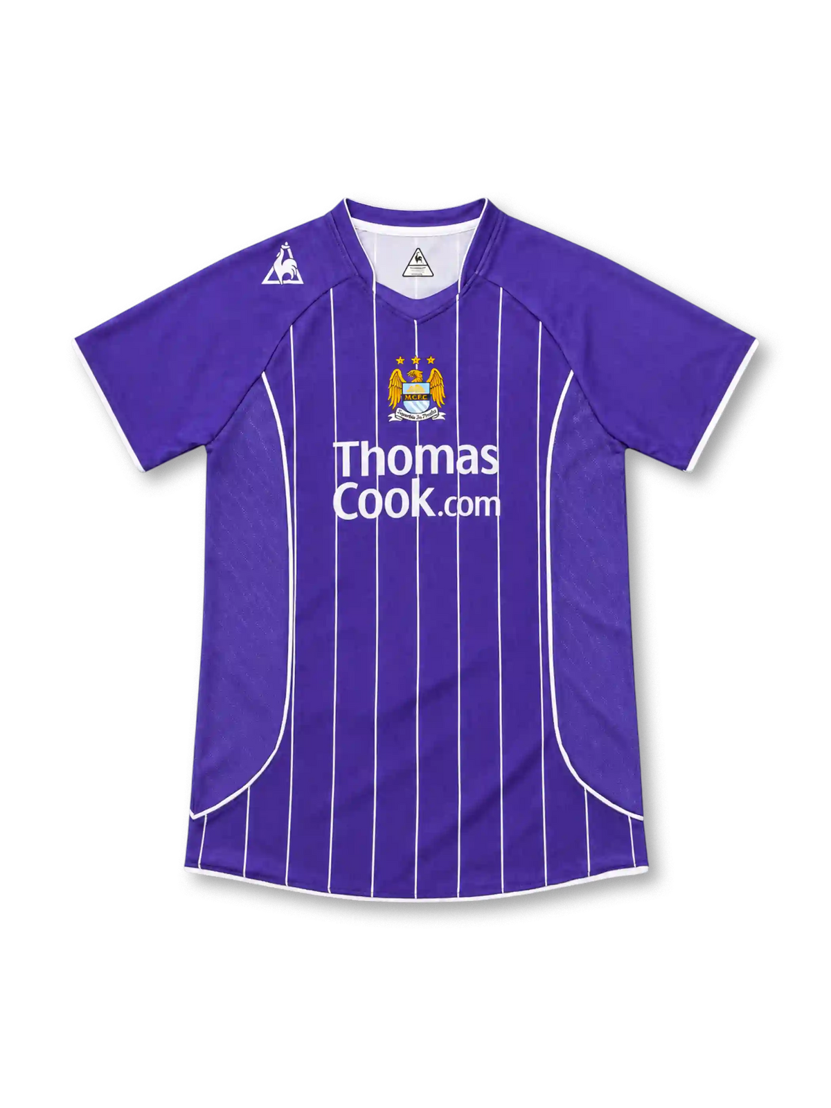 Manchester City 2007/08 purple away jersey with white vertical pinstripes, Le Coq Sportif logo, three-star club crest, and Thomas Cook.com sponsor.