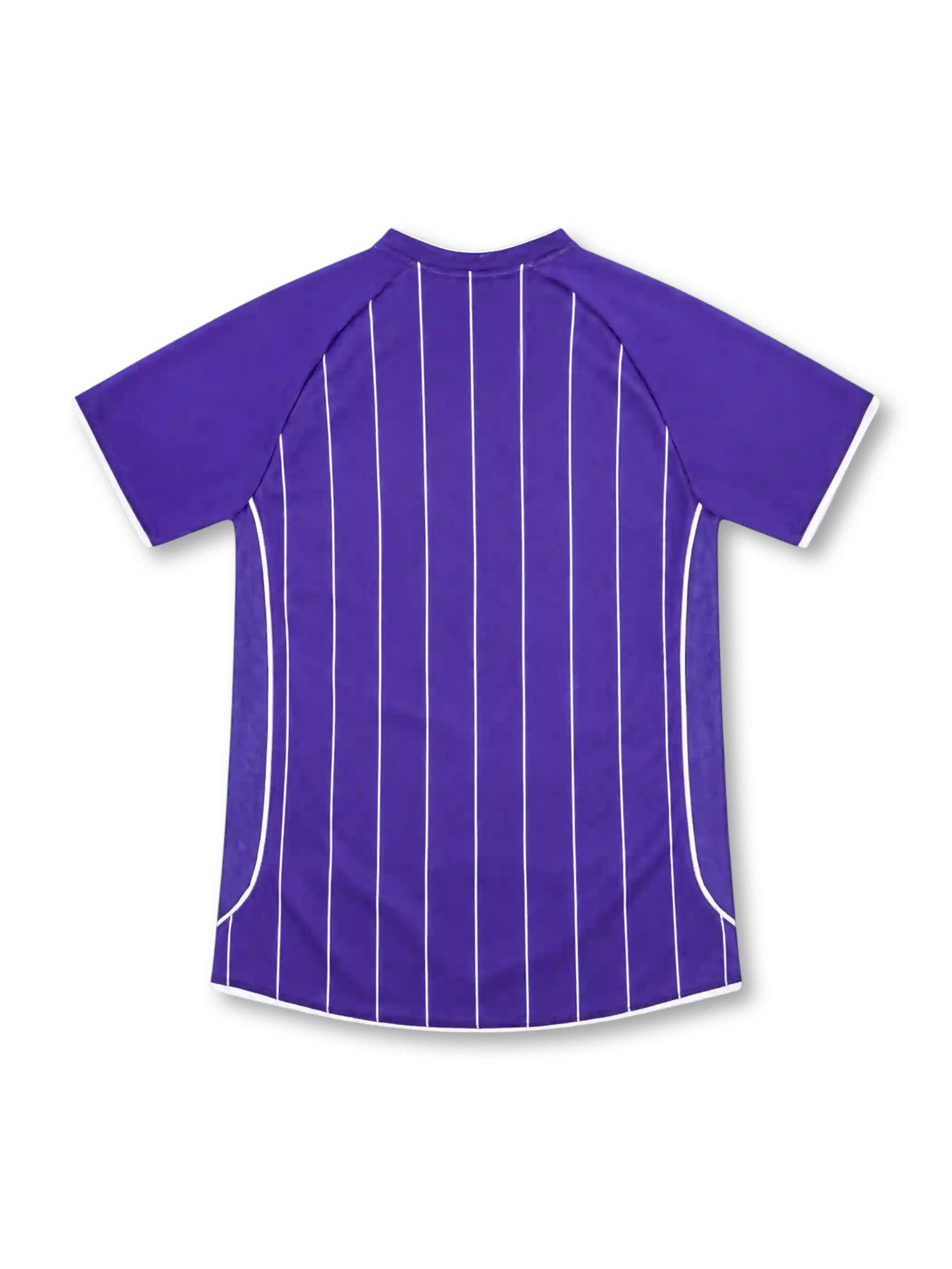 Manchester City 2007/08 purple away jersey with white vertical pinstripes, Le Coq Sportif logo, three-star club crest, and Thomas Cook.com sponsor.