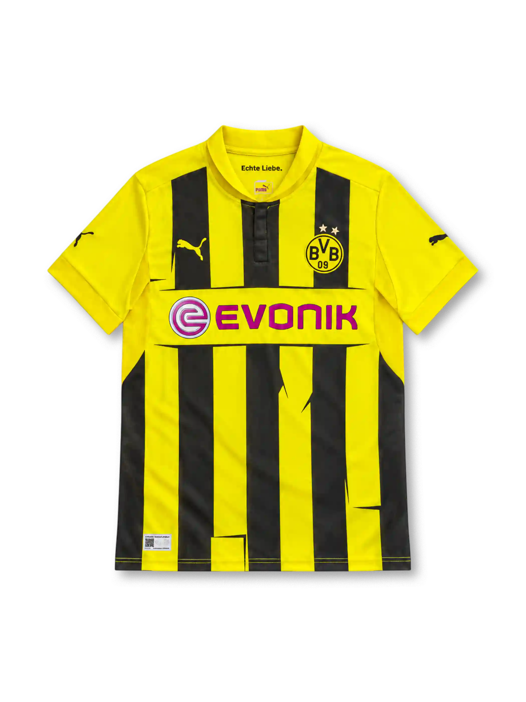 Borussia Dortmund 2012/13 Champions League home jersey with yellow and black vertical stripes, Puma logo, two-star BVB crest and magenta EVONIK sponsor.