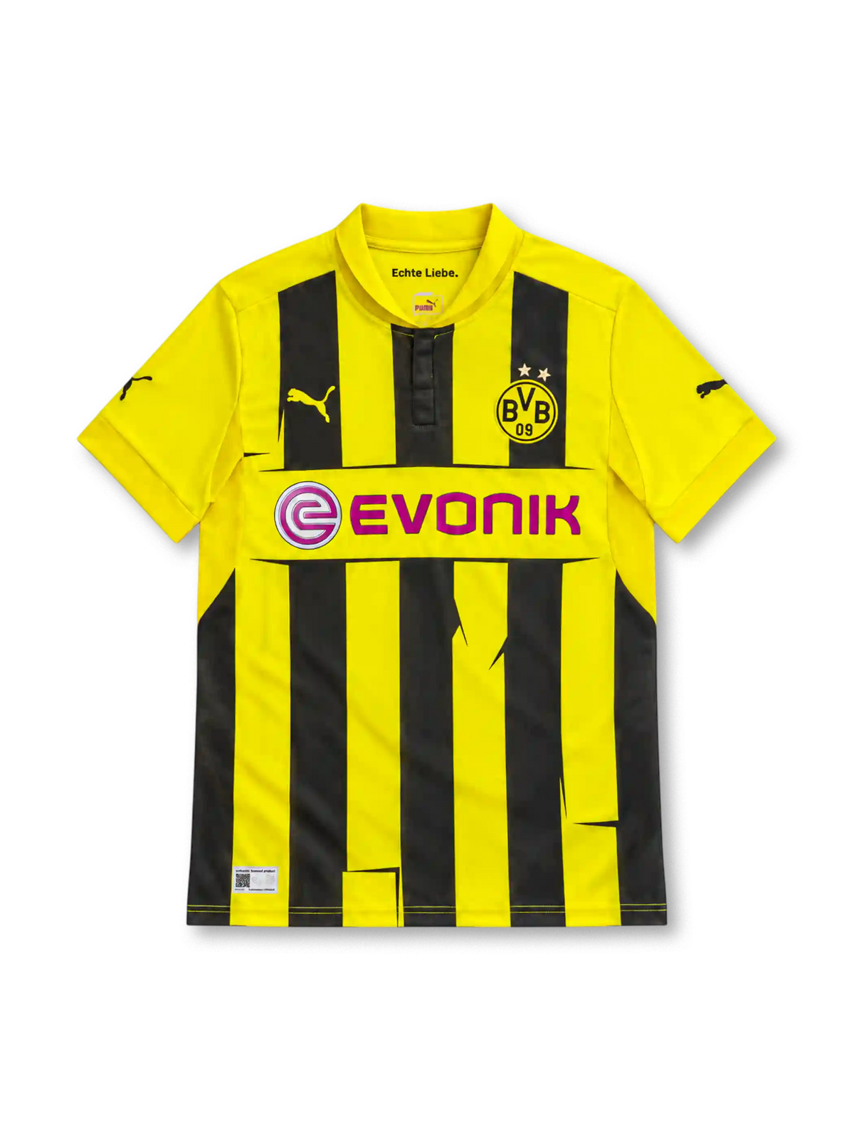 Borussia Dortmund 2012/13 Champions League home jersey with yellow and black vertical stripes, Puma logo, two-star BVB crest and magenta EVONIK sponsor.