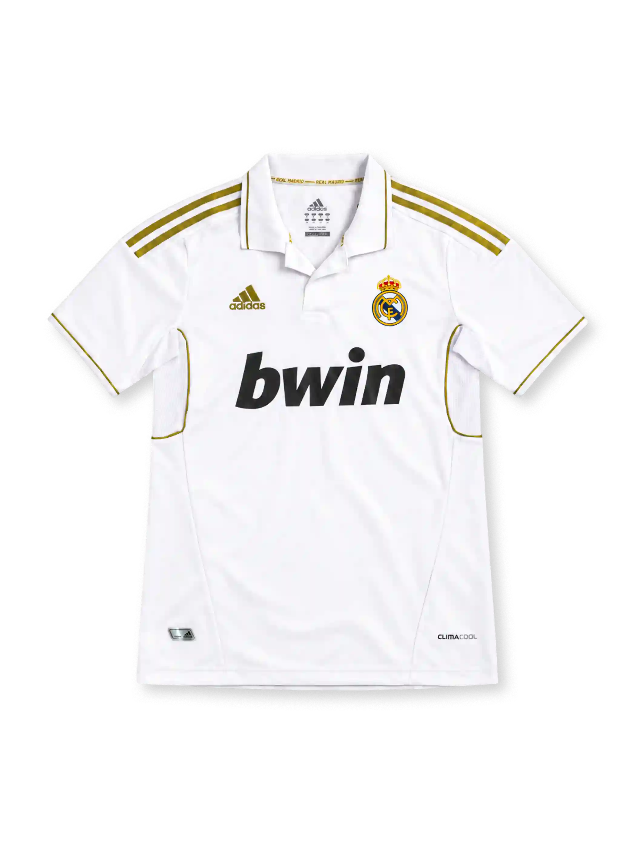 Real Madrid 2011/12 white home jersey with metallic-gold adidas shoulder stripes, white polo collar, crowned club crest, black bwin sponsor and CLIMACOOL branding.