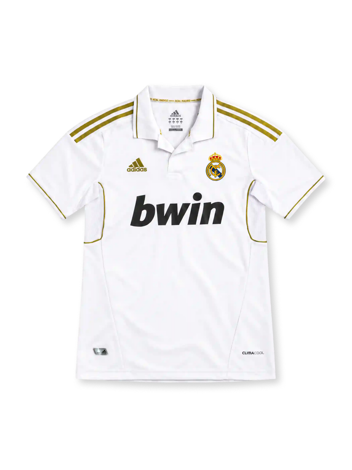 Real Madrid 2011/12 white home jersey with metallic-gold adidas shoulder stripes, white polo collar, crowned club crest, black bwin sponsor and CLIMACOOL branding.