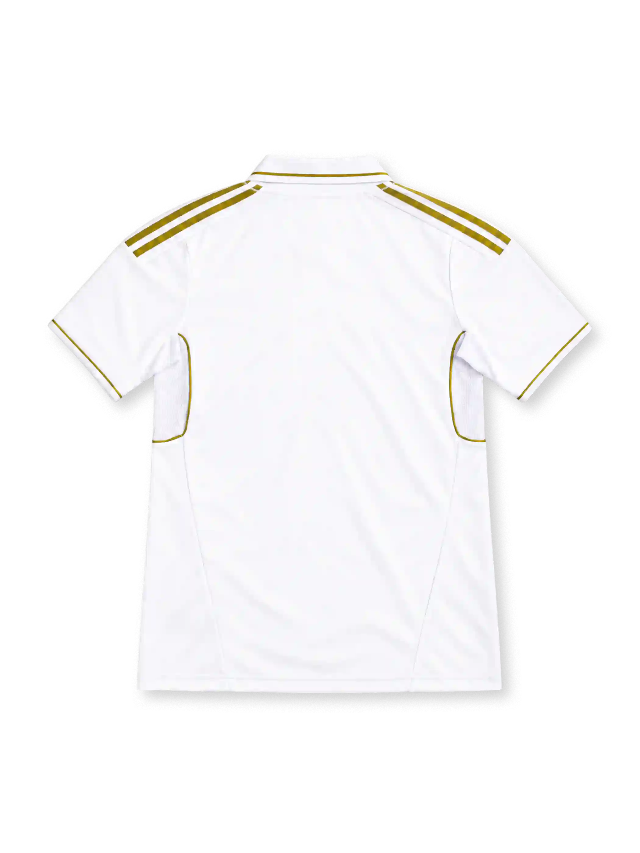 Real Madrid 2011/12 white home jersey with metallic-gold adidas shoulder stripes, white polo collar, crowned club crest, black bwin sponsor and CLIMACOOL branding.