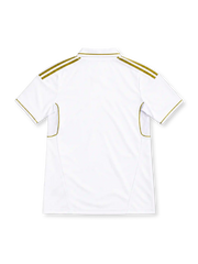 Real Madrid 2011/12 white home jersey with metallic-gold adidas shoulder stripes, white polo collar, crowned club crest, black bwin sponsor and CLIMACOOL branding.