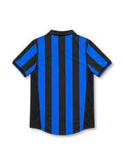 Inter Milan 1998/99 home jersey with blue-and-black vertical stripes, black polo collar, yellow Nike Swoosh, gold-star club crest and white Pirelli sponsor.