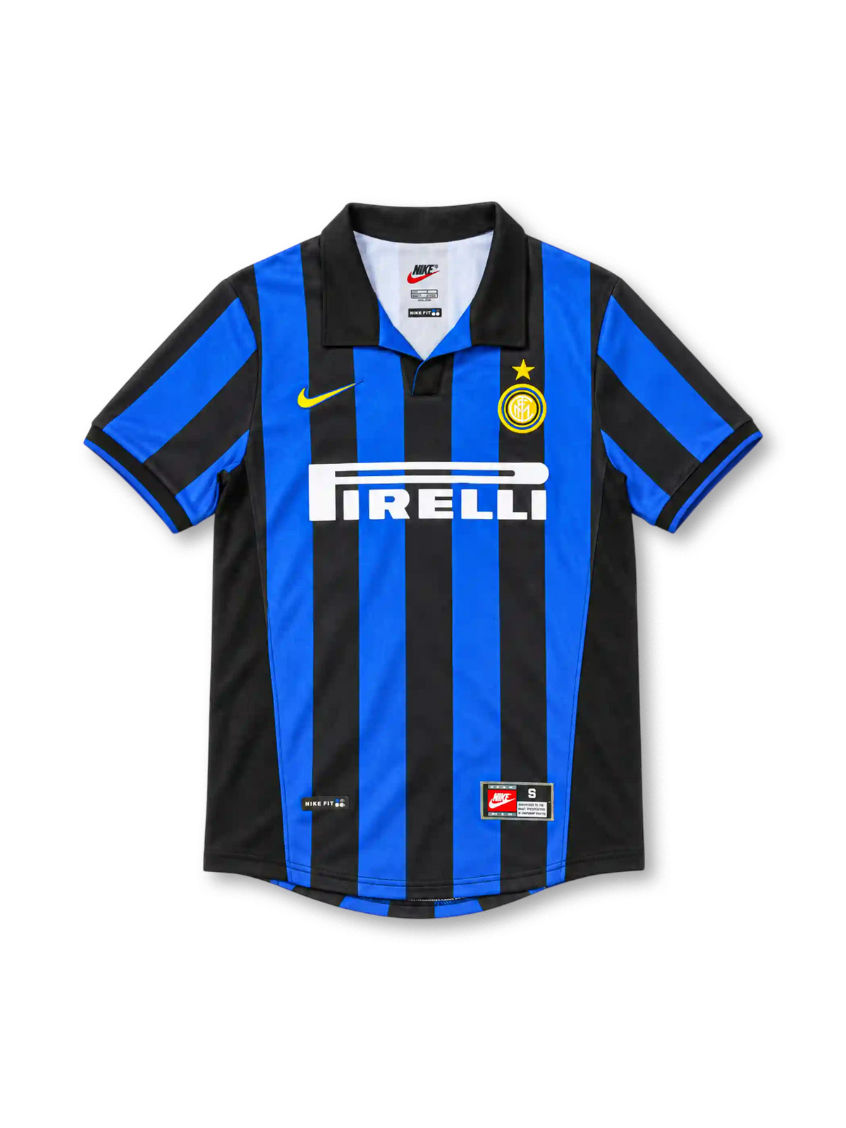 Inter Milan 1998/99 home jersey with blue-and-black vertical stripes, black polo collar, yellow Nike Swoosh, gold-star club crest and white Pirelli sponsor.