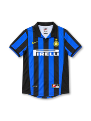 Inter Milan 1998/99 home jersey with blue-and-black vertical stripes, black polo collar, yellow Nike Swoosh, gold-star club crest and white Pirelli sponsor.