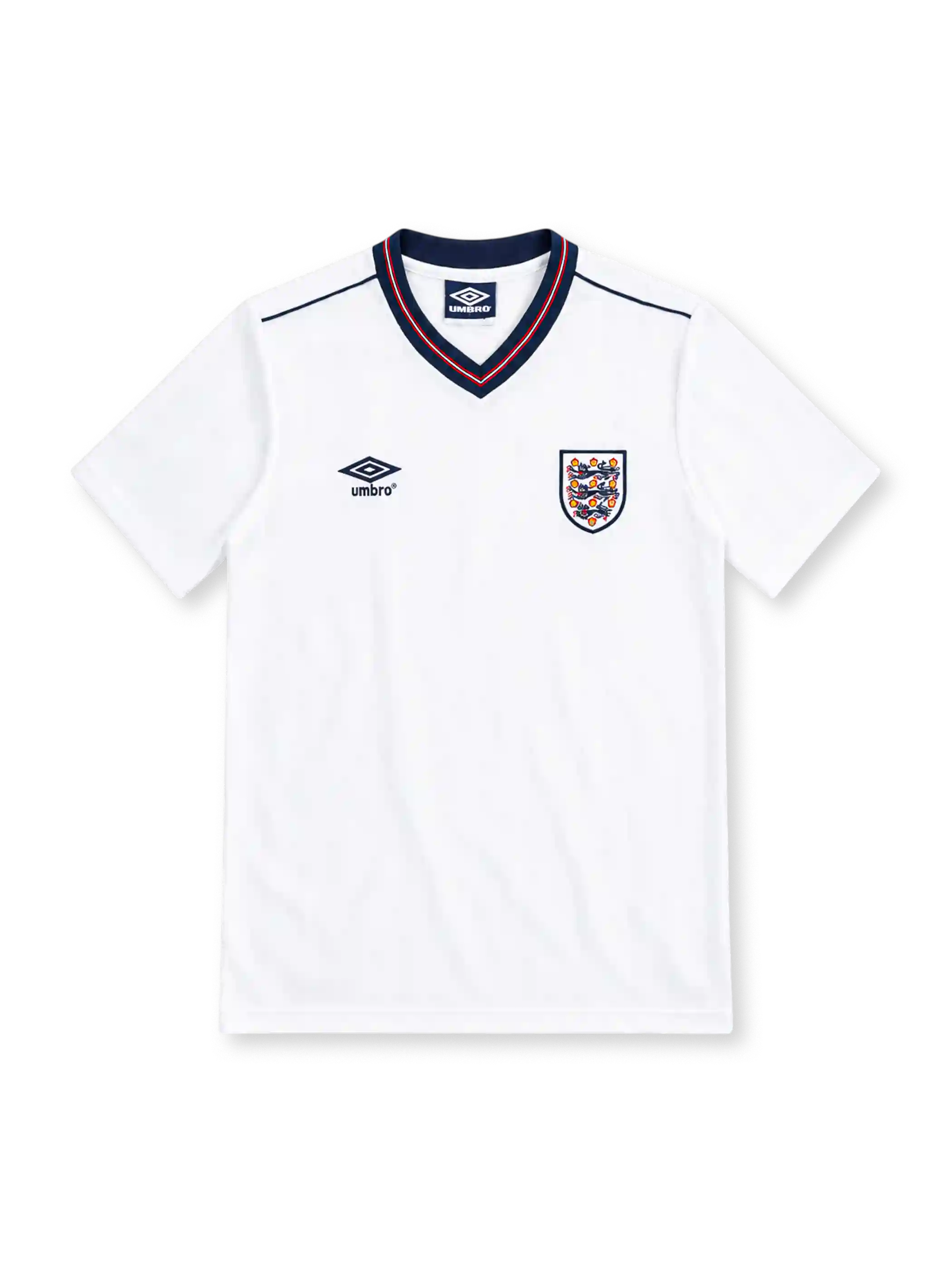 England 1986 white home jersey by Umbro with navy and red V-neck collar, Three Lions crest, black Umbro logo and navy shoulder piping.