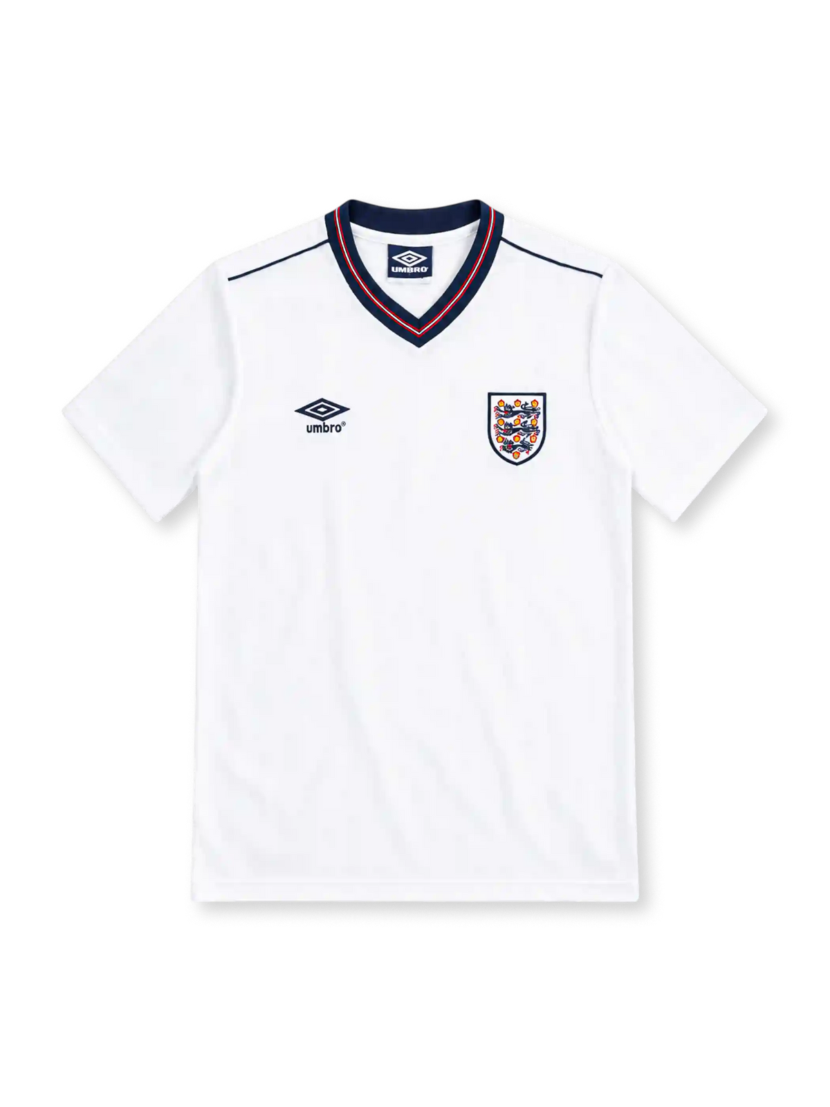 England 1986 white home jersey by Umbro with navy and red V-neck collar, Three Lions crest, black Umbro logo and navy shoulder piping.