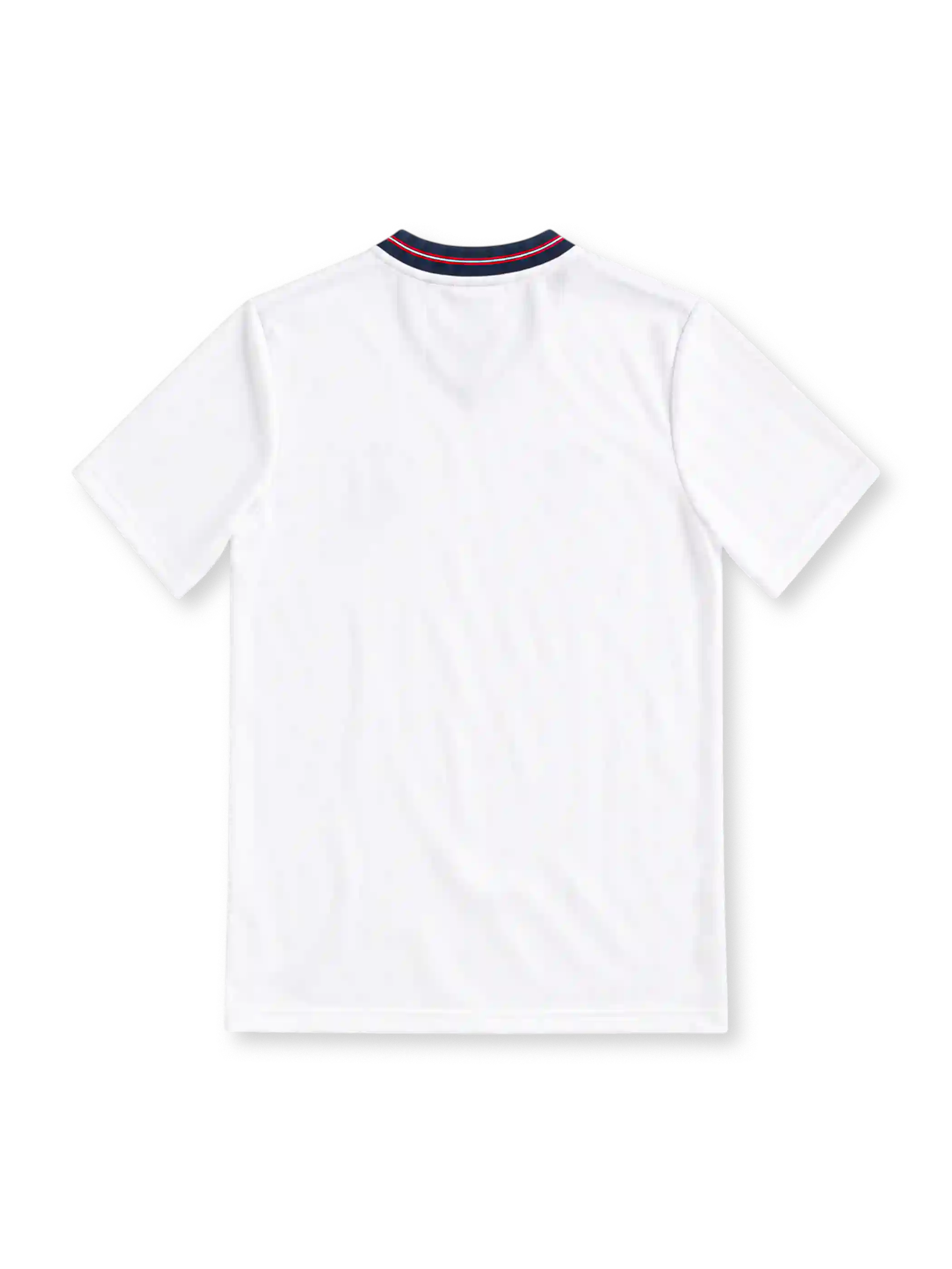 England 1986 white home jersey by Umbro with navy and red V-neck collar, Three Lions crest, black Umbro logo and navy shoulder piping.