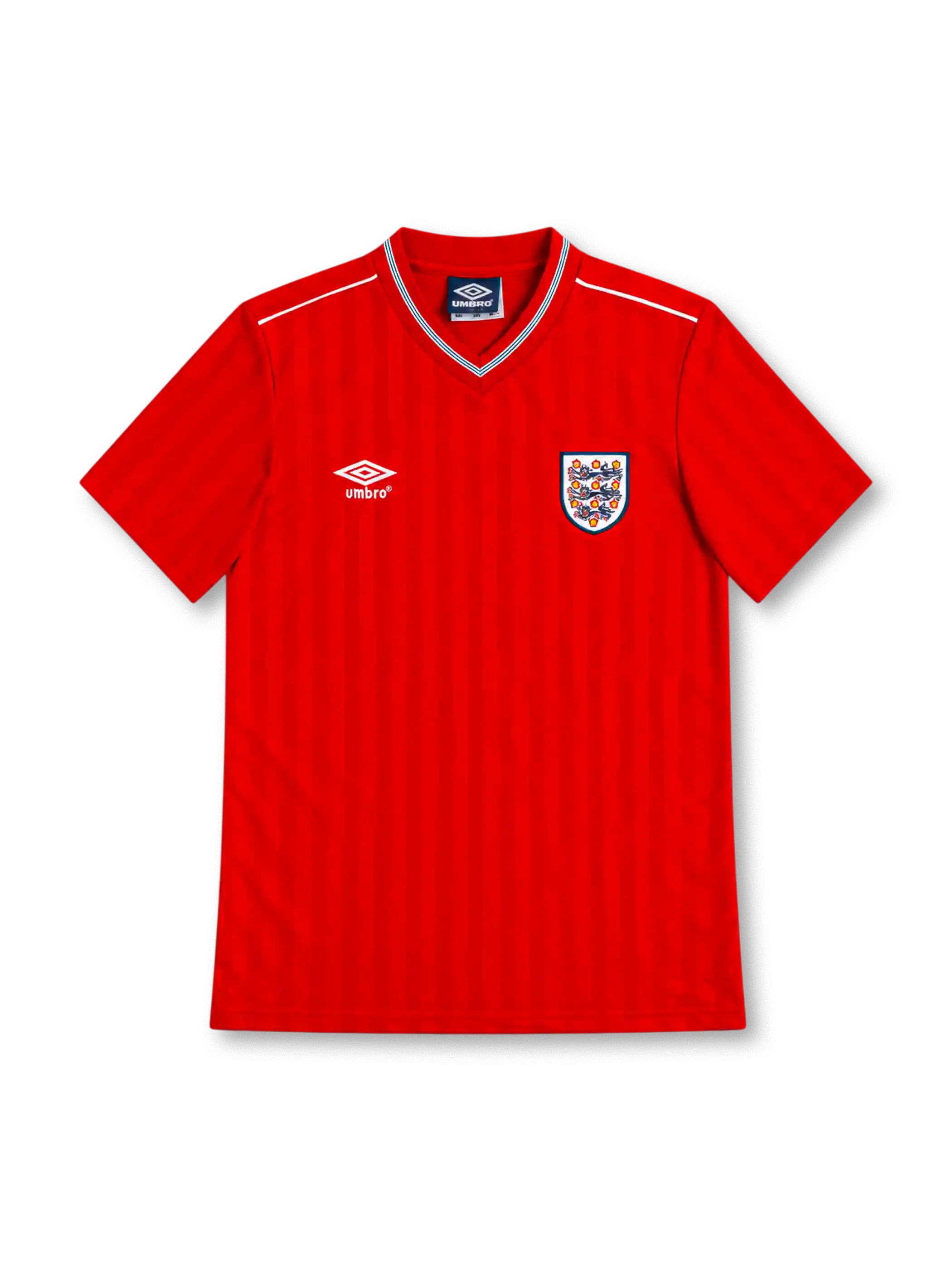 England 1986 red away jersey with tonal vertical stripes, white Umbro logo, Three Lions crest, striped V-neck collar and white shoulder piping.