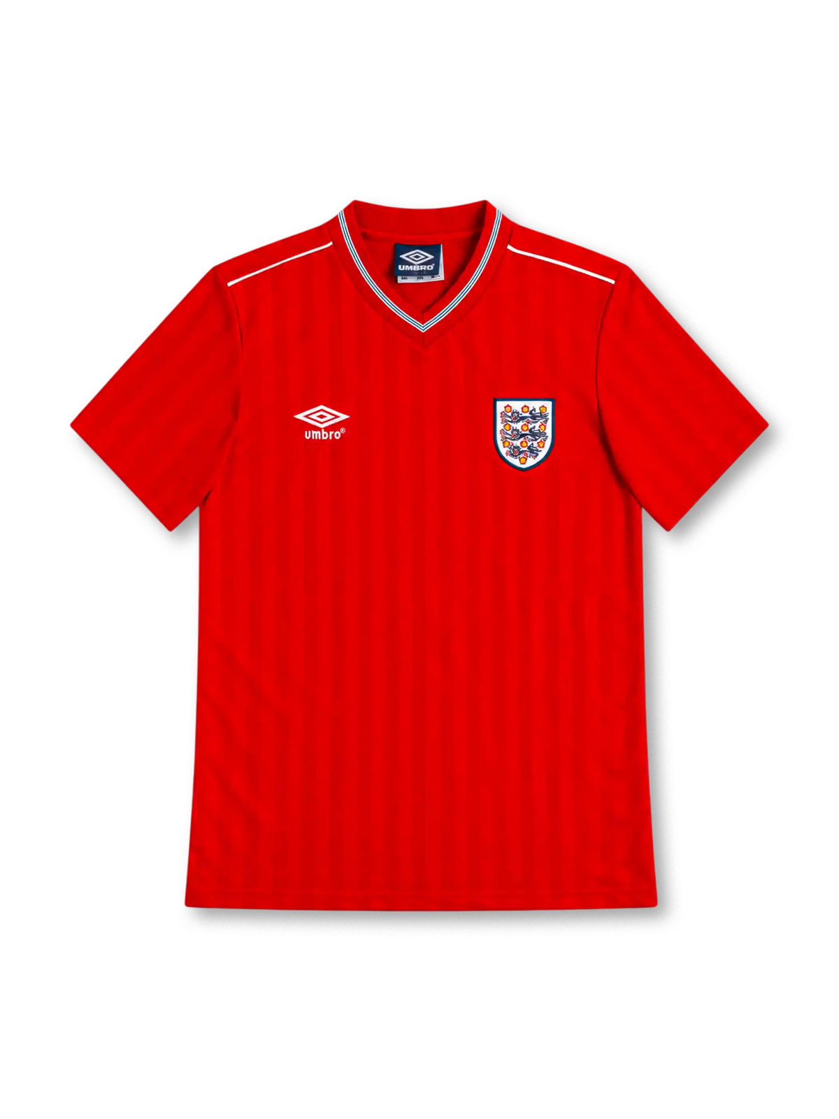 England 1986 red away jersey with tonal vertical stripes, white Umbro logo, Three Lions crest, striped V-neck collar and white shoulder piping.