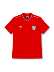 England 1986 red away jersey with tonal vertical stripes, white Umbro logo, Three Lions crest, striped V-neck collar and white shoulder piping.