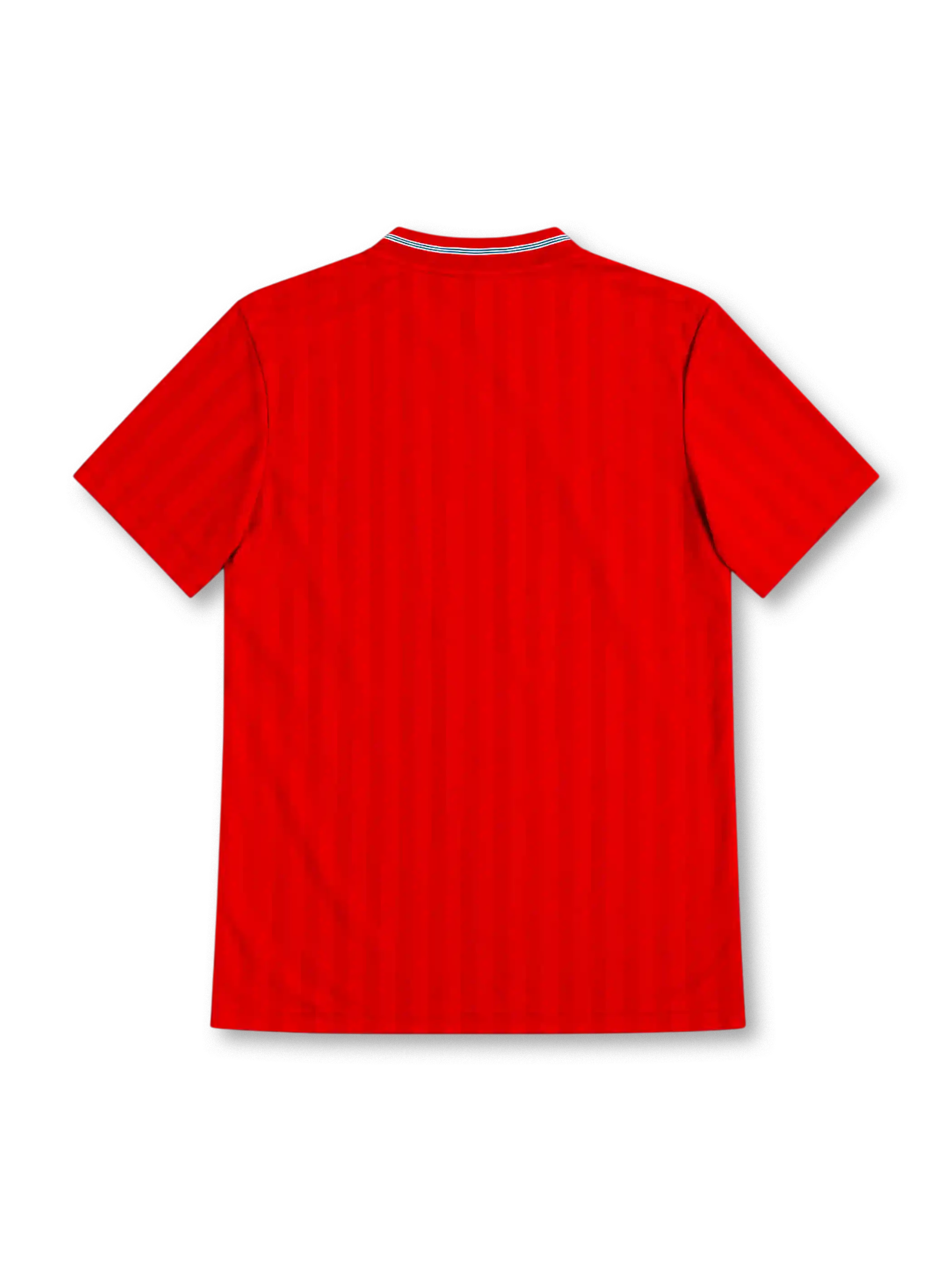 England 1986 red away jersey with tonal vertical stripes, white Umbro logo, Three Lions crest, striped V-neck collar and white shoulder piping.