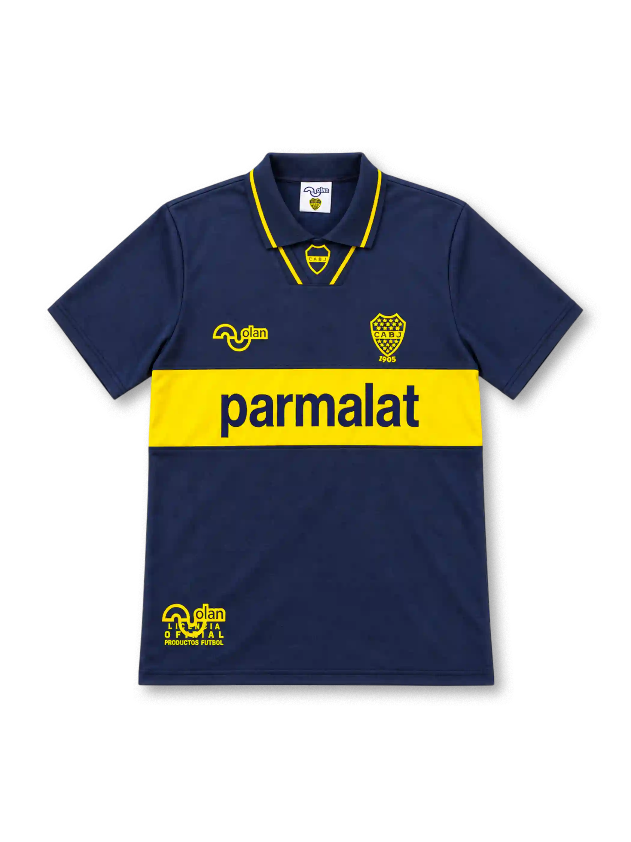 Boca Juniors 1993/95 navy-blue home jersey with yellow horizontal chest band, Parmalat sponsor, Olan logo, yellow-trimmed polo collar and CABJ crest.