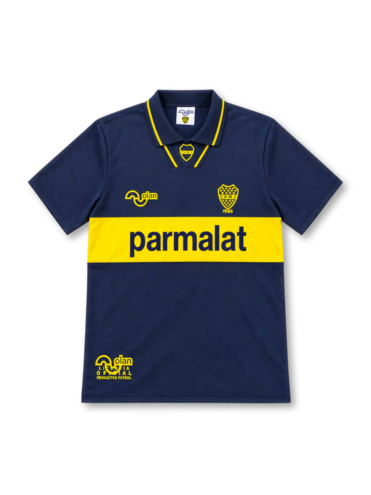 Boca Juniors 1993/95 navy-blue home jersey with yellow horizontal chest band, Parmalat sponsor, Olan logo, yellow-trimmed polo collar and CABJ crest.