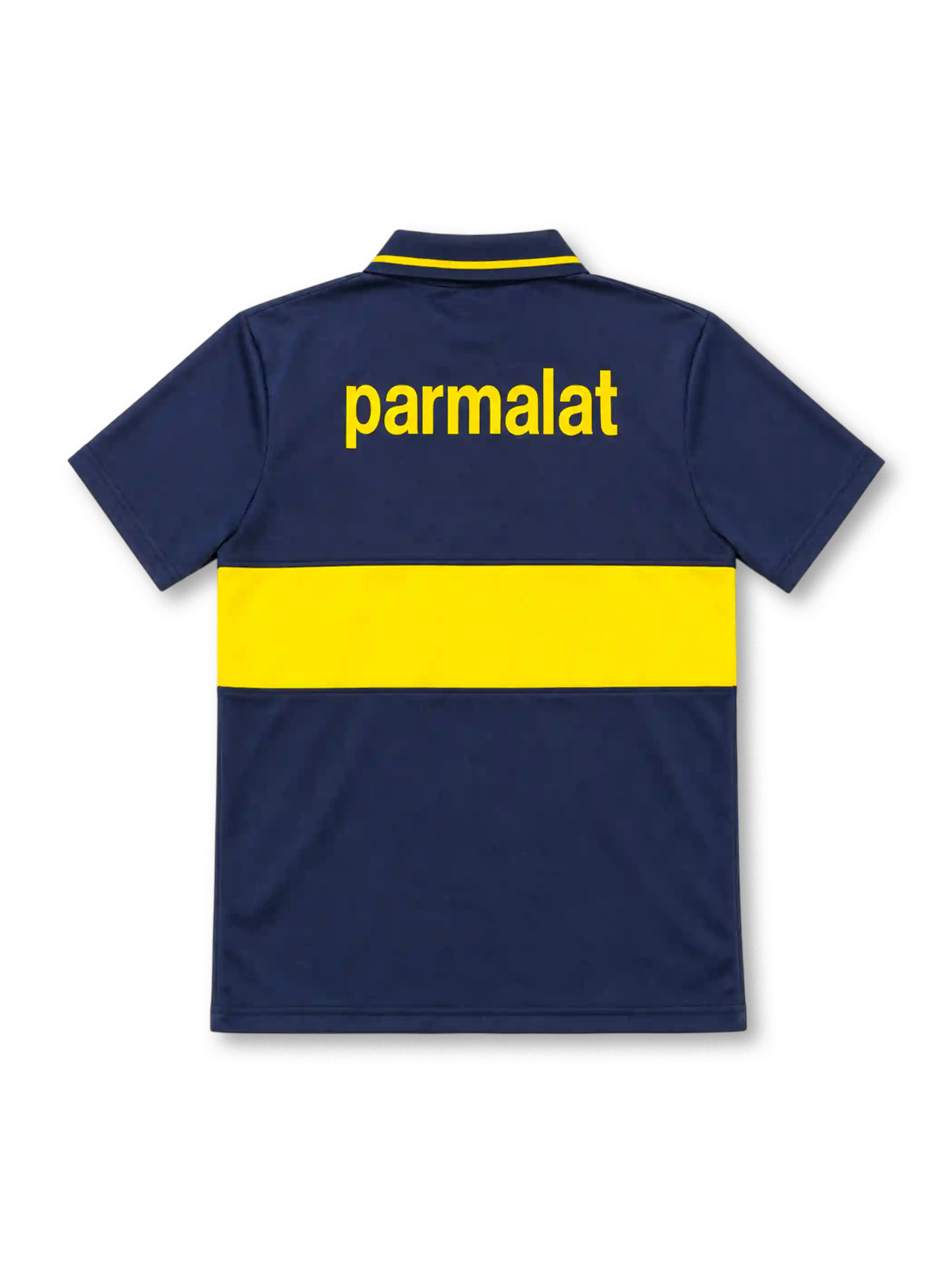 Boca Juniors 1993/95 navy-blue home jersey with yellow horizontal chest band, Parmalat sponsor, Olan logo, yellow-trimmed polo collar and CABJ crest.