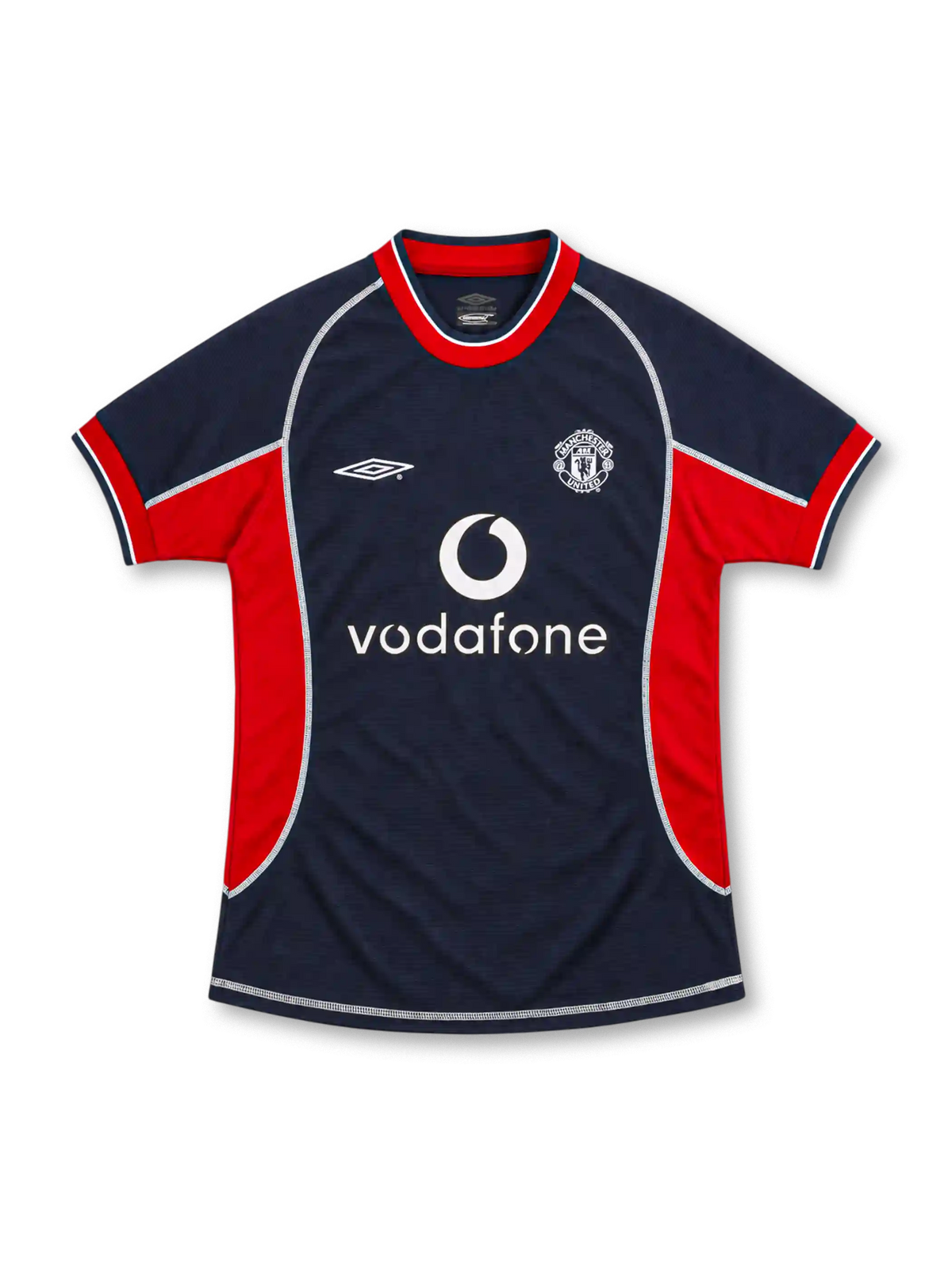 Manchester United 2000/01 navy third jersey with red side panels, white Umbro logo, monochrome club crest, white Vodafone sponsor and contrasting seams.