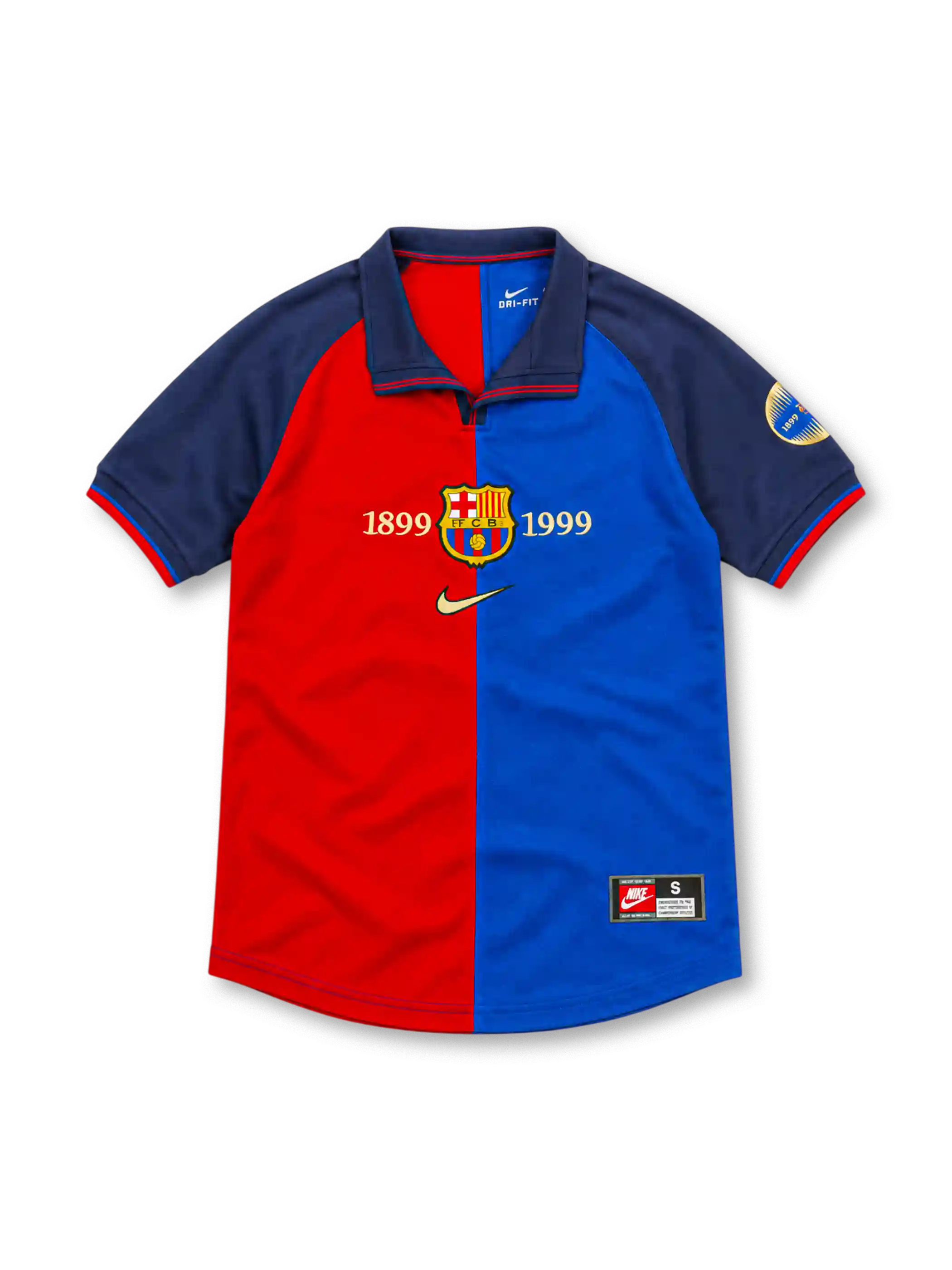 Barcelona 1998/99 centenary home jersey with split red-and-blue front, navy sleeves, gold 1899–1999 lettering, central club crest and Nike Swoosh.