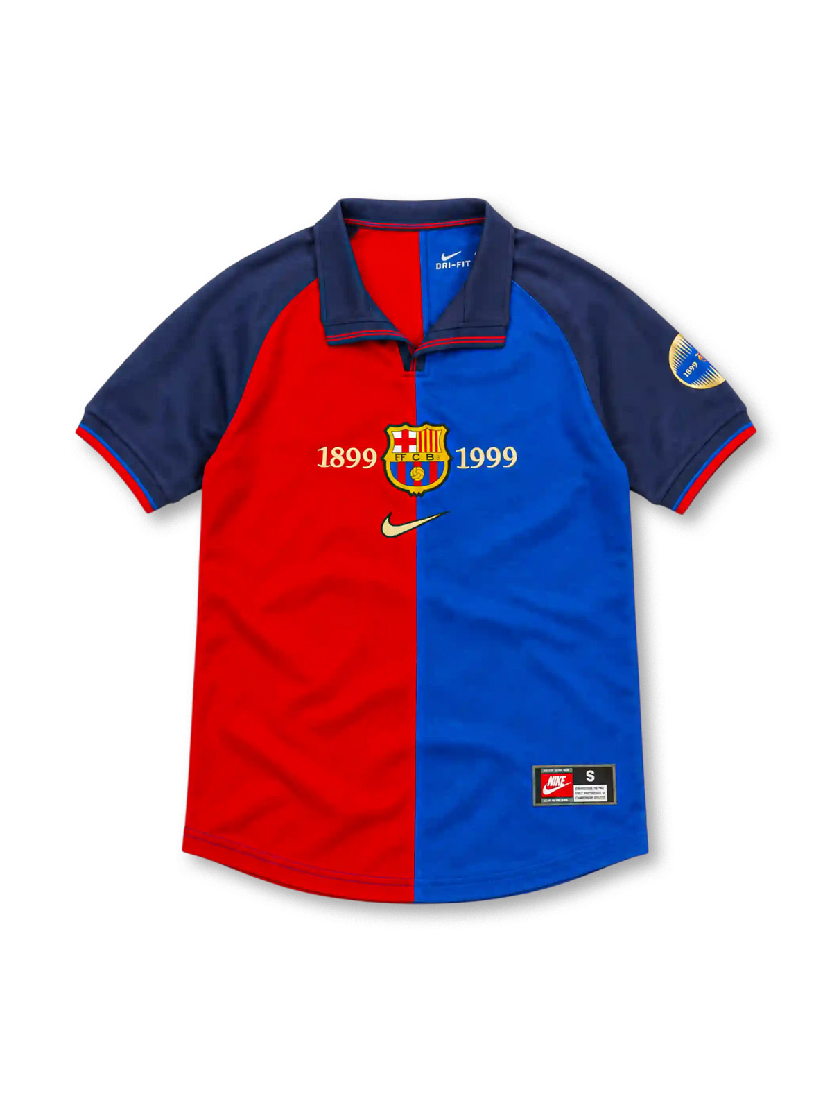 Barcelona 1998/99 centenary home jersey with split red-and-blue front, navy sleeves, gold 1899–1999 lettering, central club crest and Nike Swoosh.