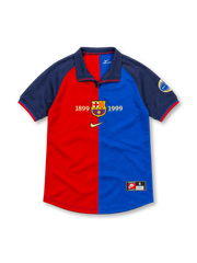 Barcelona 1998/99 centenary home jersey with split red-and-blue front, navy sleeves, gold 1899–1999 lettering, central club crest and Nike Swoosh.