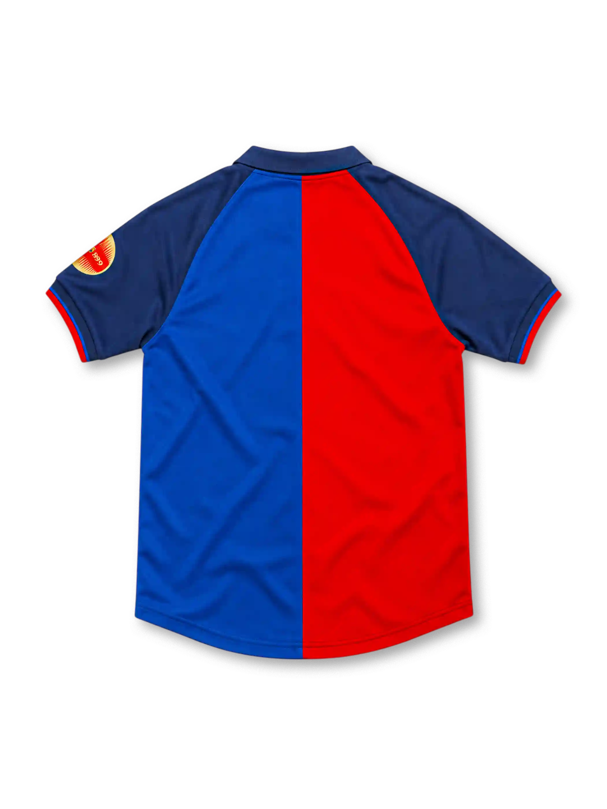 Barcelona 1998/99 centenary home jersey with split red-and-blue front, navy sleeves, gold 1899–1999 lettering, central club crest and Nike Swoosh.