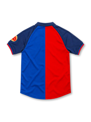 Barcelona 1998/99 centenary home jersey with split red-and-blue front, navy sleeves, gold 1899–1999 lettering, central club crest and Nike Swoosh.