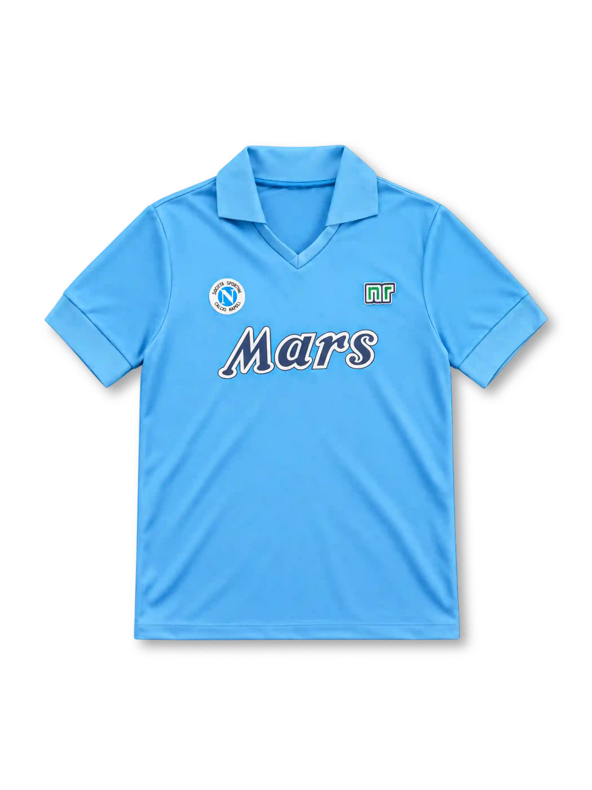 Napoli 1989/90 sky-blue home jersey with fold-down collar, V-neck opening, circular Napoli crest, Ennerre logo and navy Mars sponsor.