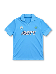 Napoli 1989/90 sky-blue home jersey with fold-down collar, V-neck opening, circular Napoli crest, Ennerre logo and navy Mars sponsor.